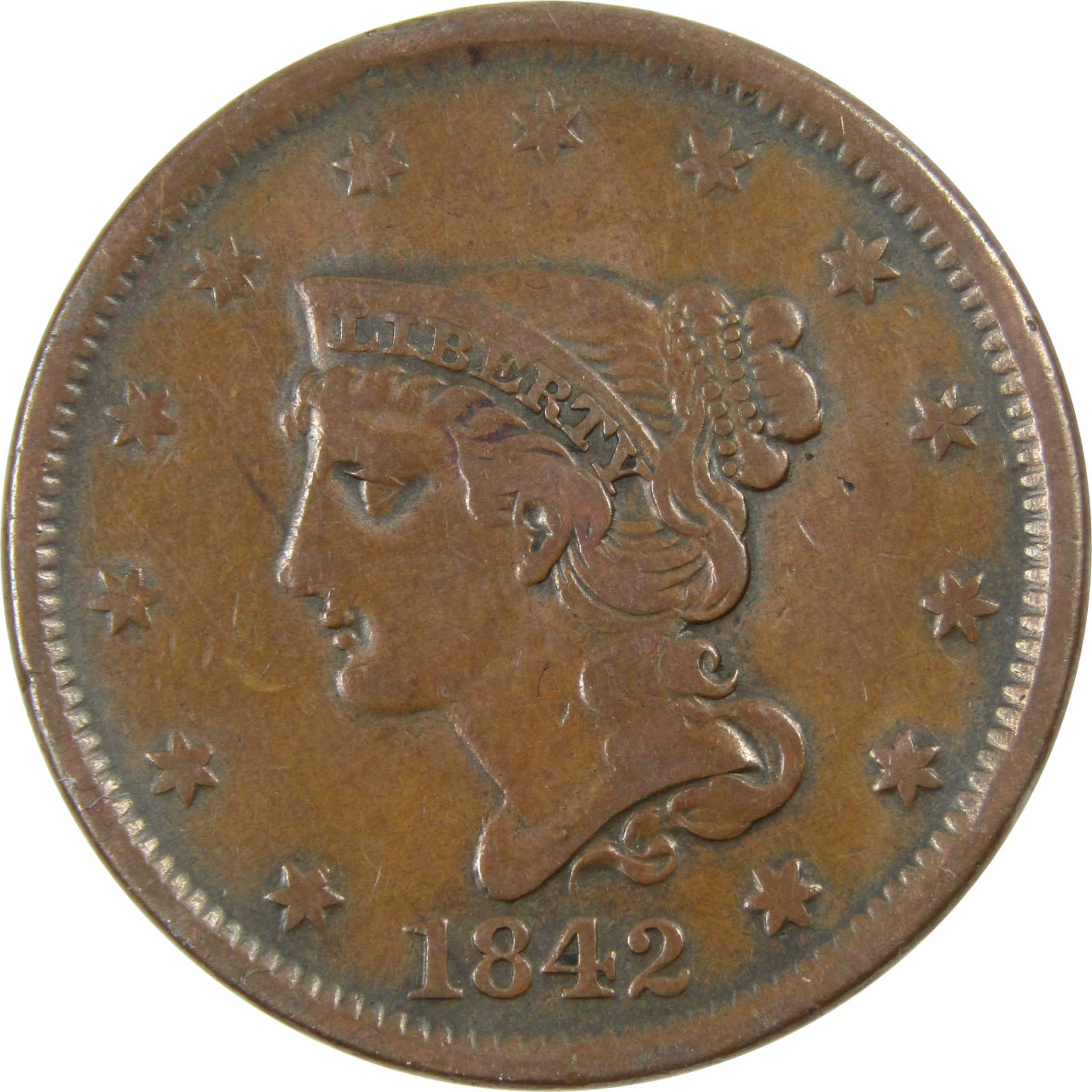 1842 Large Date Braided Hair Large Cent AU About Unc SKU:I12821