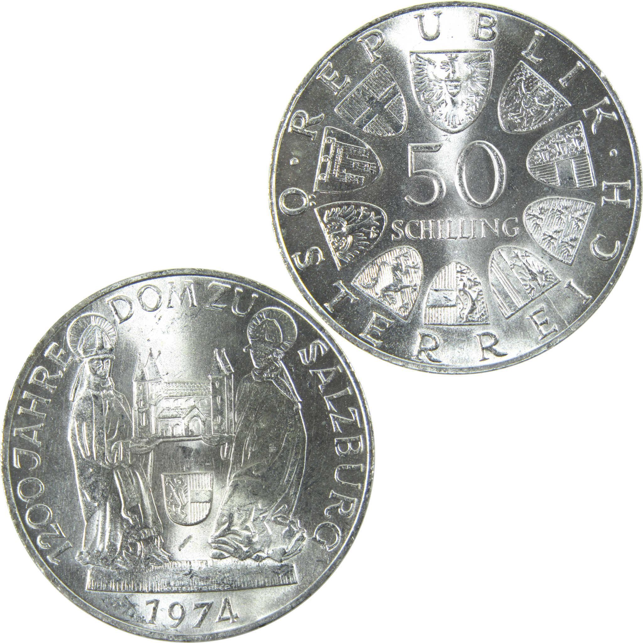 1974 Austria Salzburg Cathedral 50 Schilling Uncirculated Silver Coin