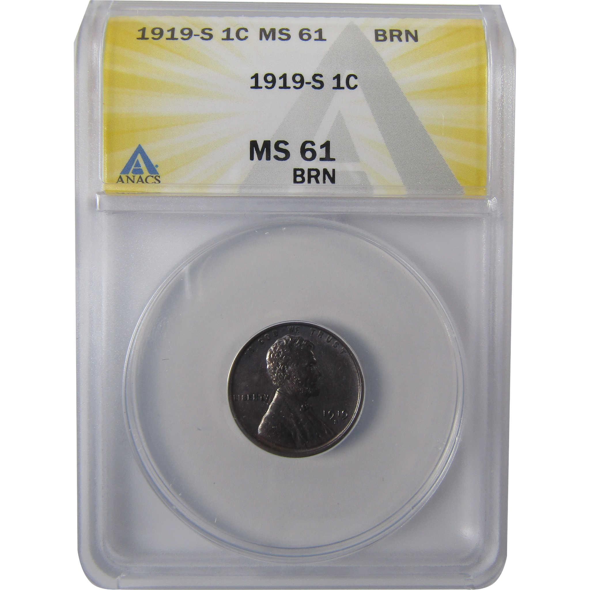 1919 S Lincoln Wheat Cent MS 61 BN ANACS Penny Uncirculated SKU:I25051