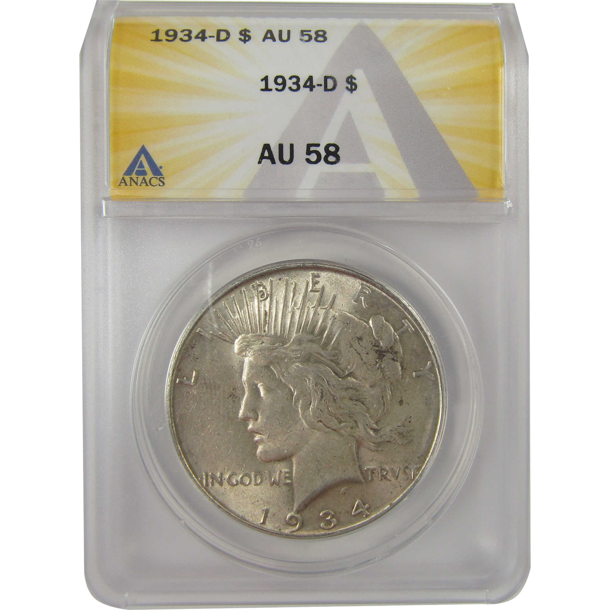 1934 D Peace Dollar AU 58 ANACS Silver $1 Coin SKU:I20903
