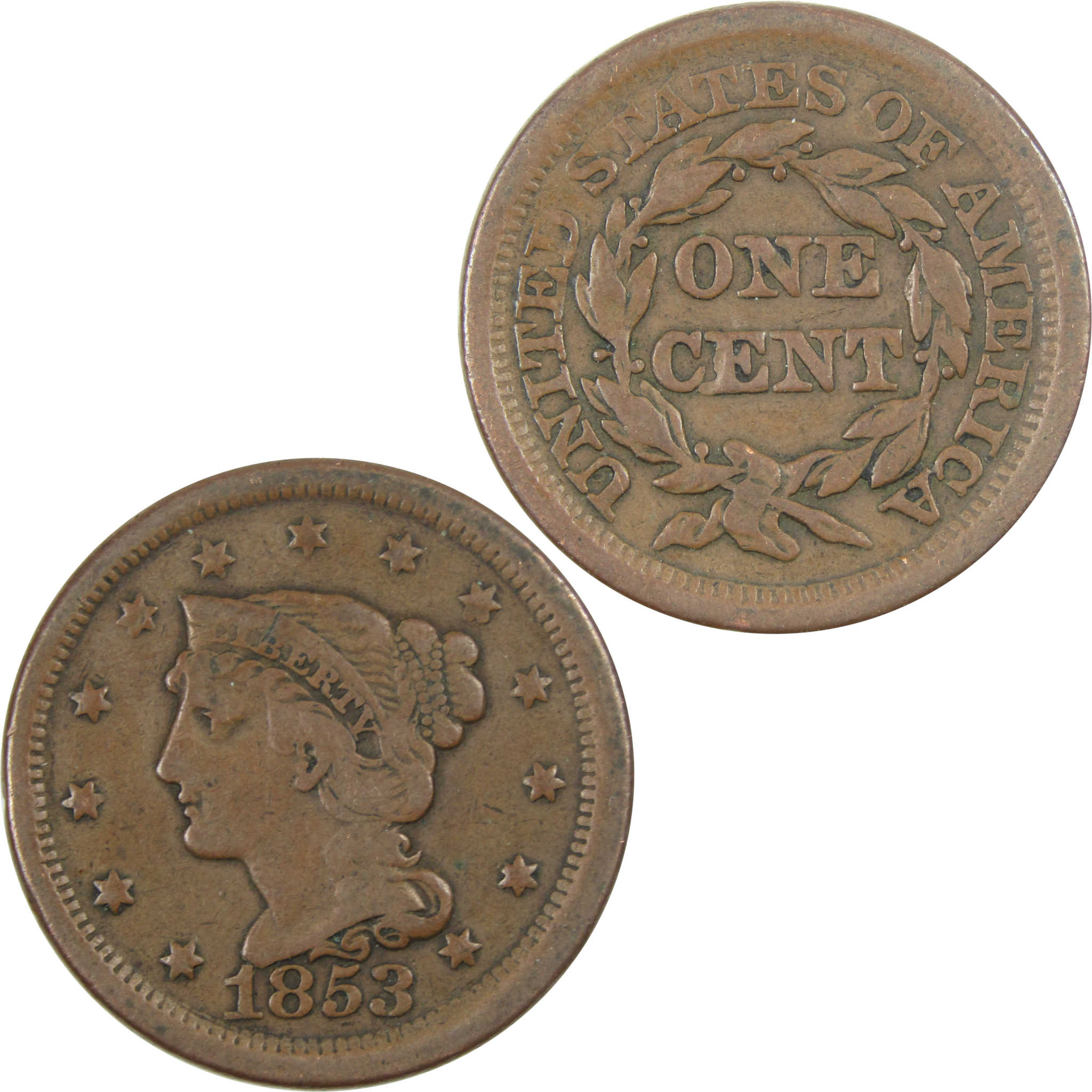 1853 Braided Hair Large Cent F Fine Copper Penny 1c Coin SKU:I14360