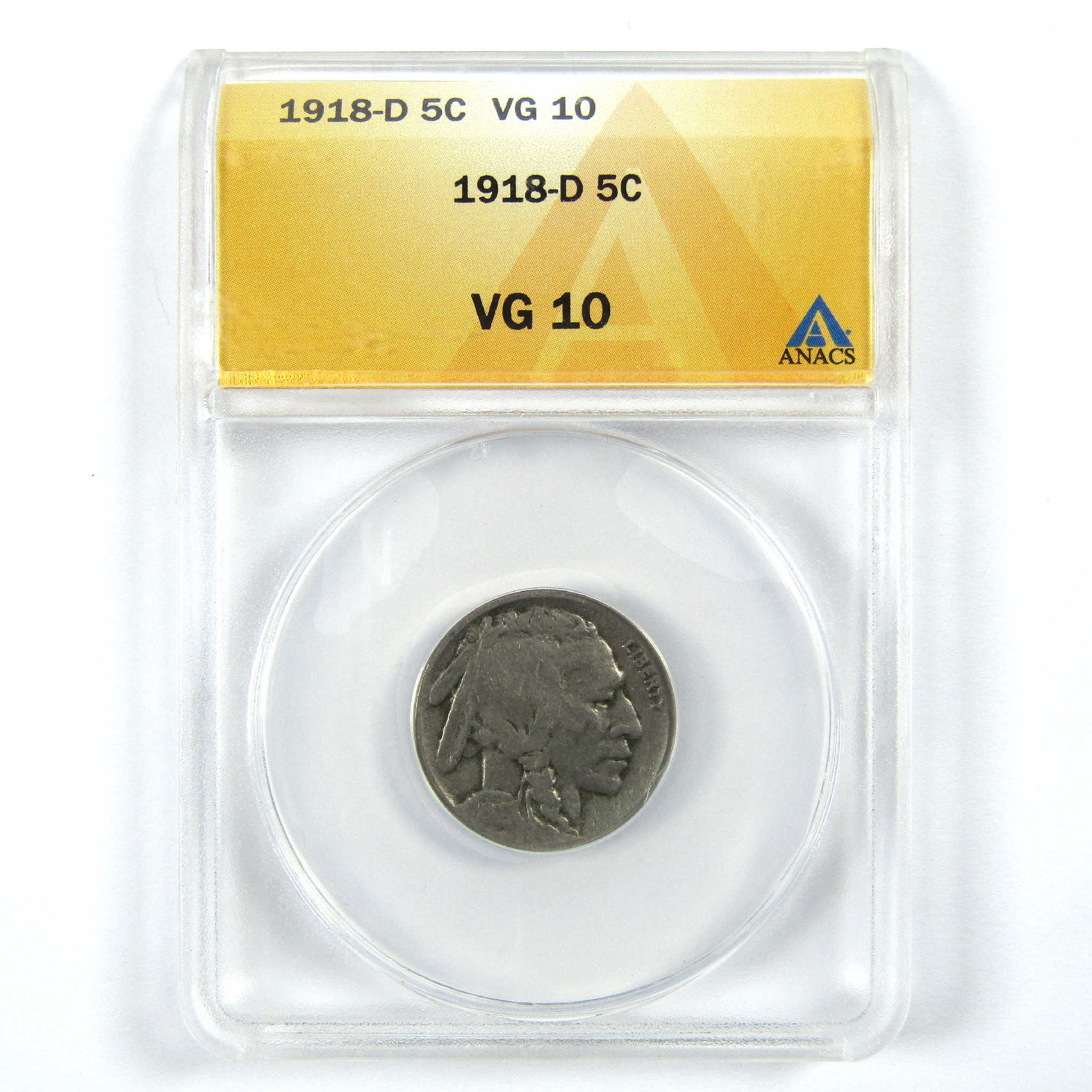 1918 D Indian Head Buffalo Nickel VG 10 ANACS 5c Coin SKU:I11902