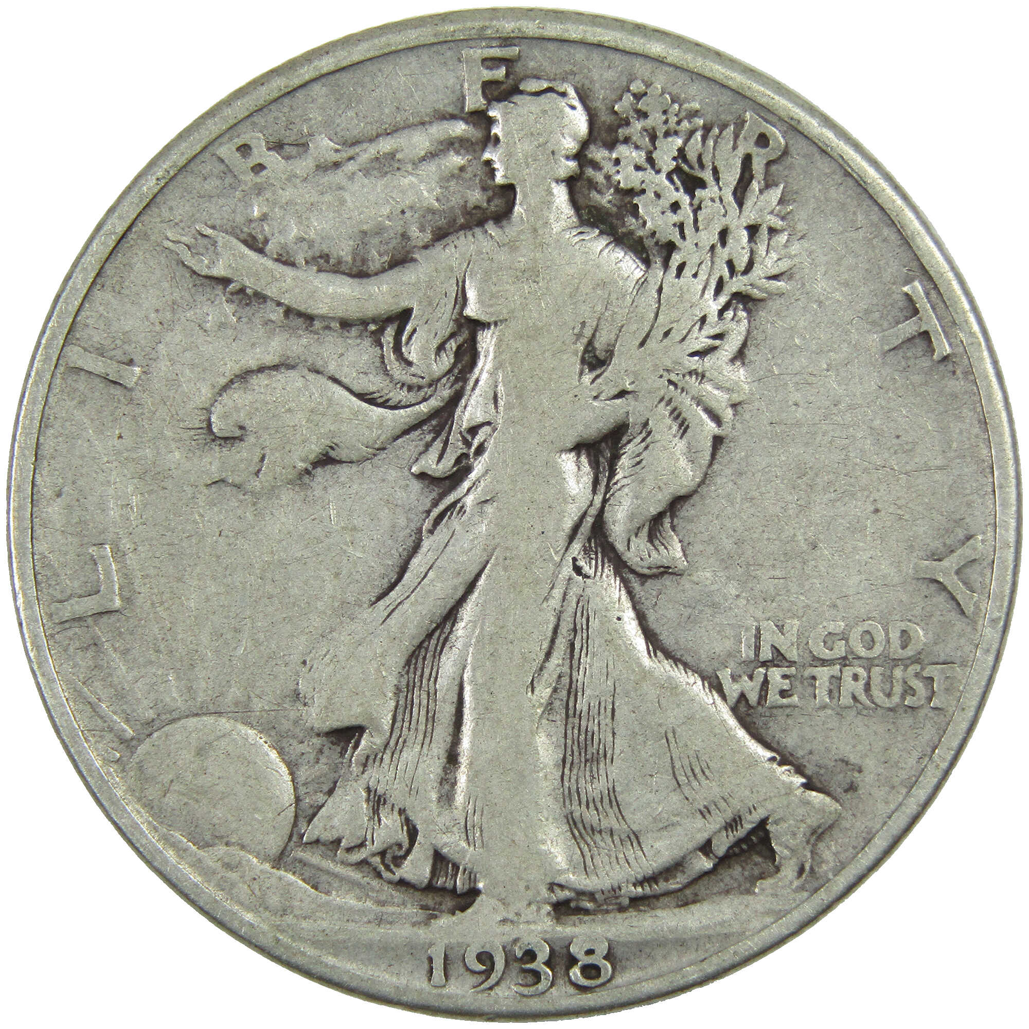 1938 D Liberty Walking Half Dollar F Fine Silver 50c Coin SKU:I12885