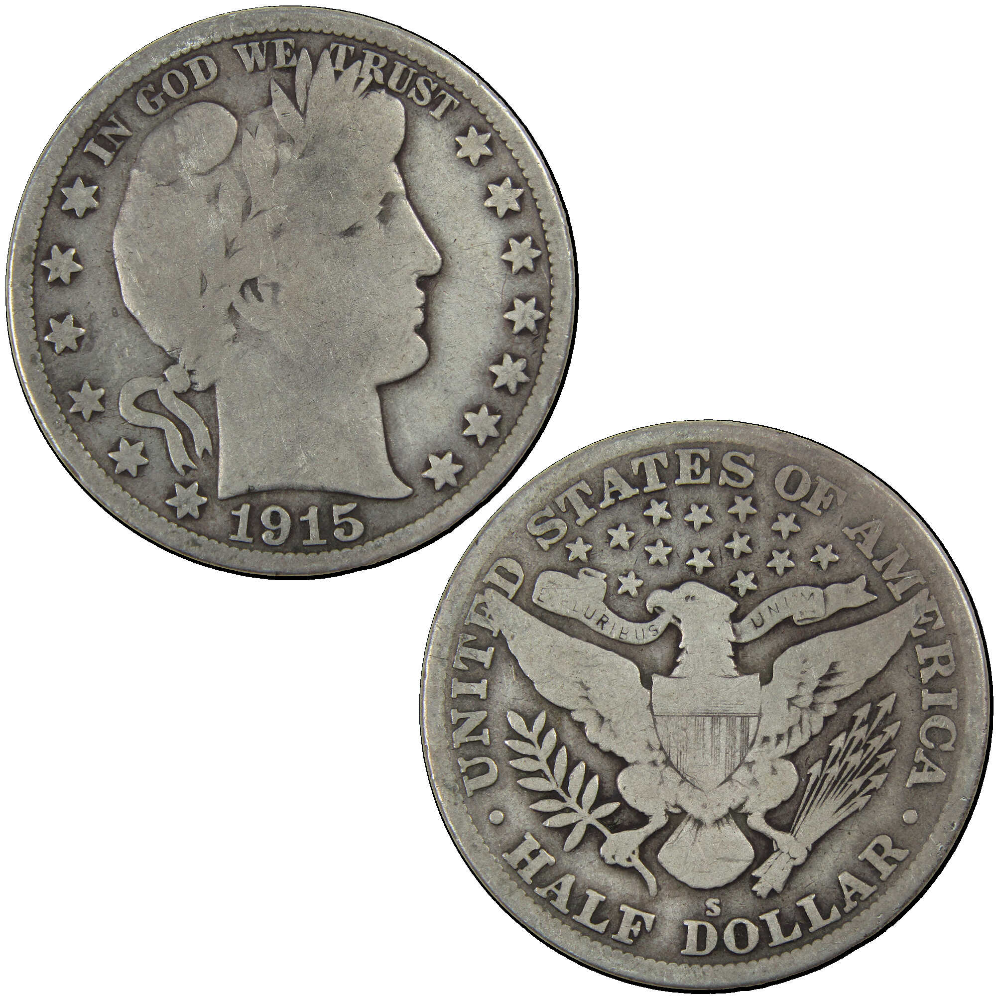 1915 S Barber Half Dollar G Good Silver 50c Coin SKU:I12788