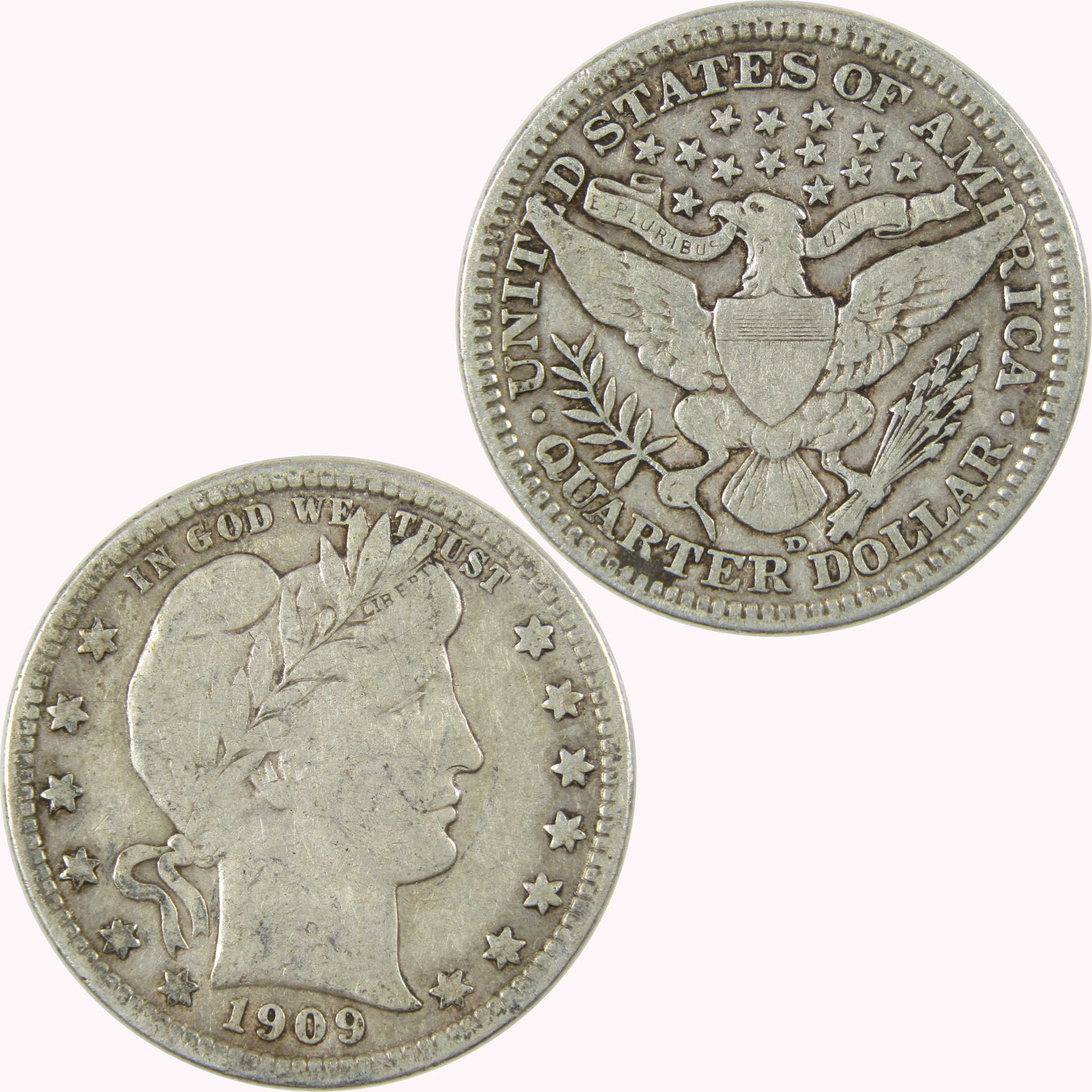1909 D Barber Silver Quarter F Fine 25c Coin Collectible