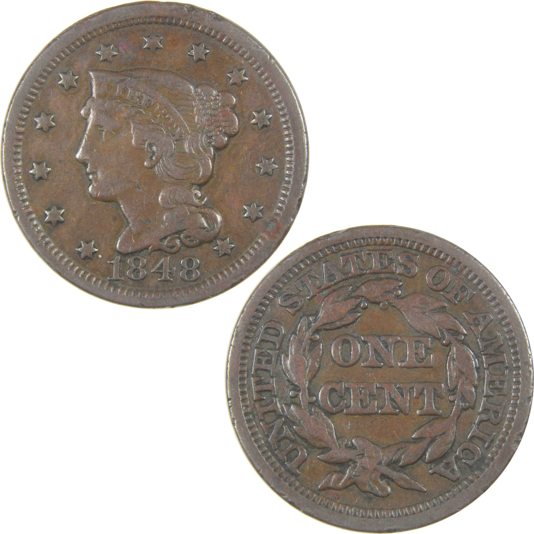 1848 Braided Hair Large Cent VF Very Fine Details Copper SKU:I17121