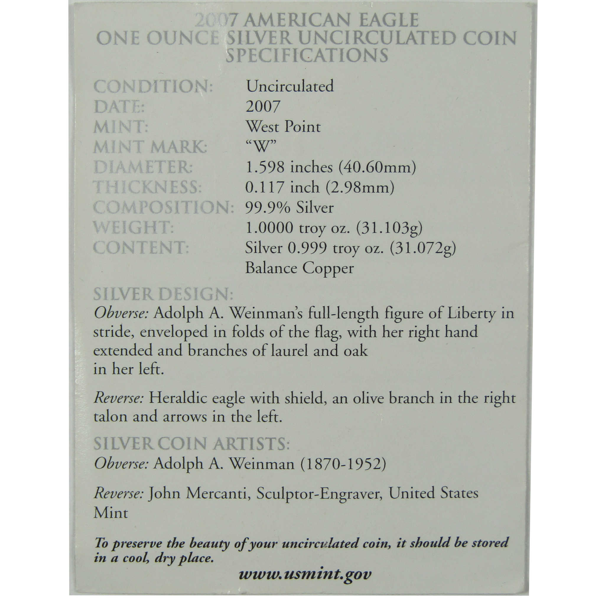 2007 W American Silver Eagle Uncirculated Burnished $1 Coin SKU:CP1504