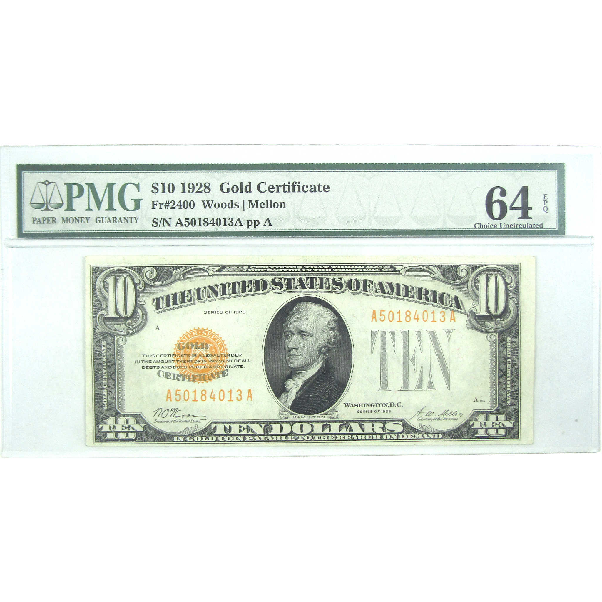 1928 $10 Gold Certificate FR2400 Very Choice Uncirculated 64 EPQ PMG