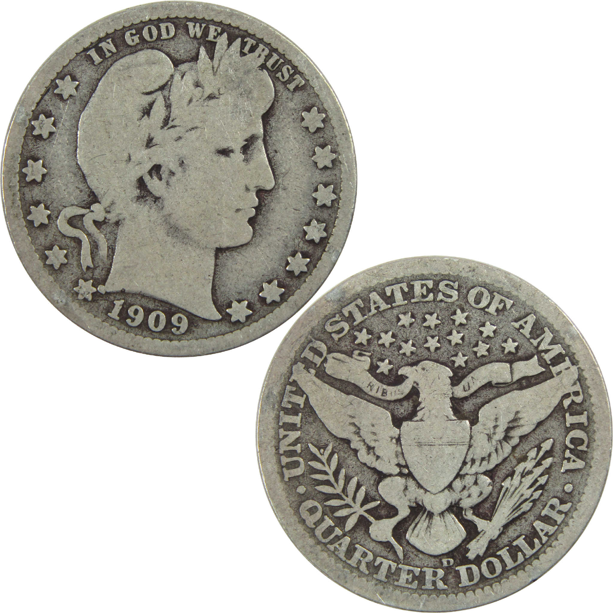 1909 D Barber Quarter G Good Silver 25c Coin SKU:I13150