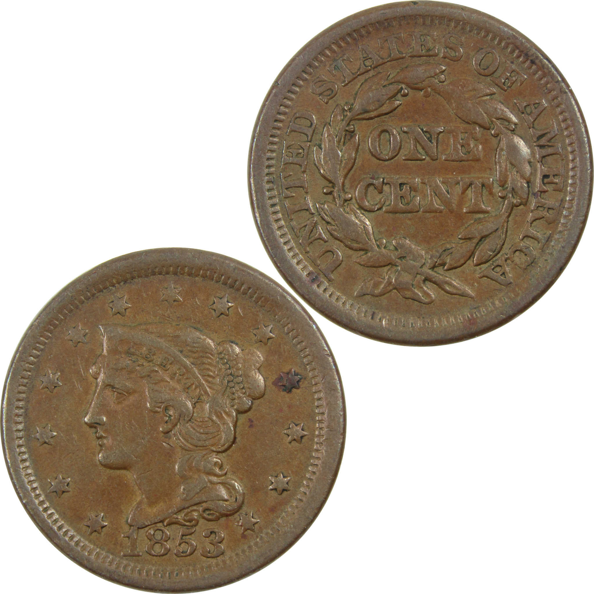 1853 Braided Hair Large Cent XF EF Extremely Fine Copper SKU:I13412