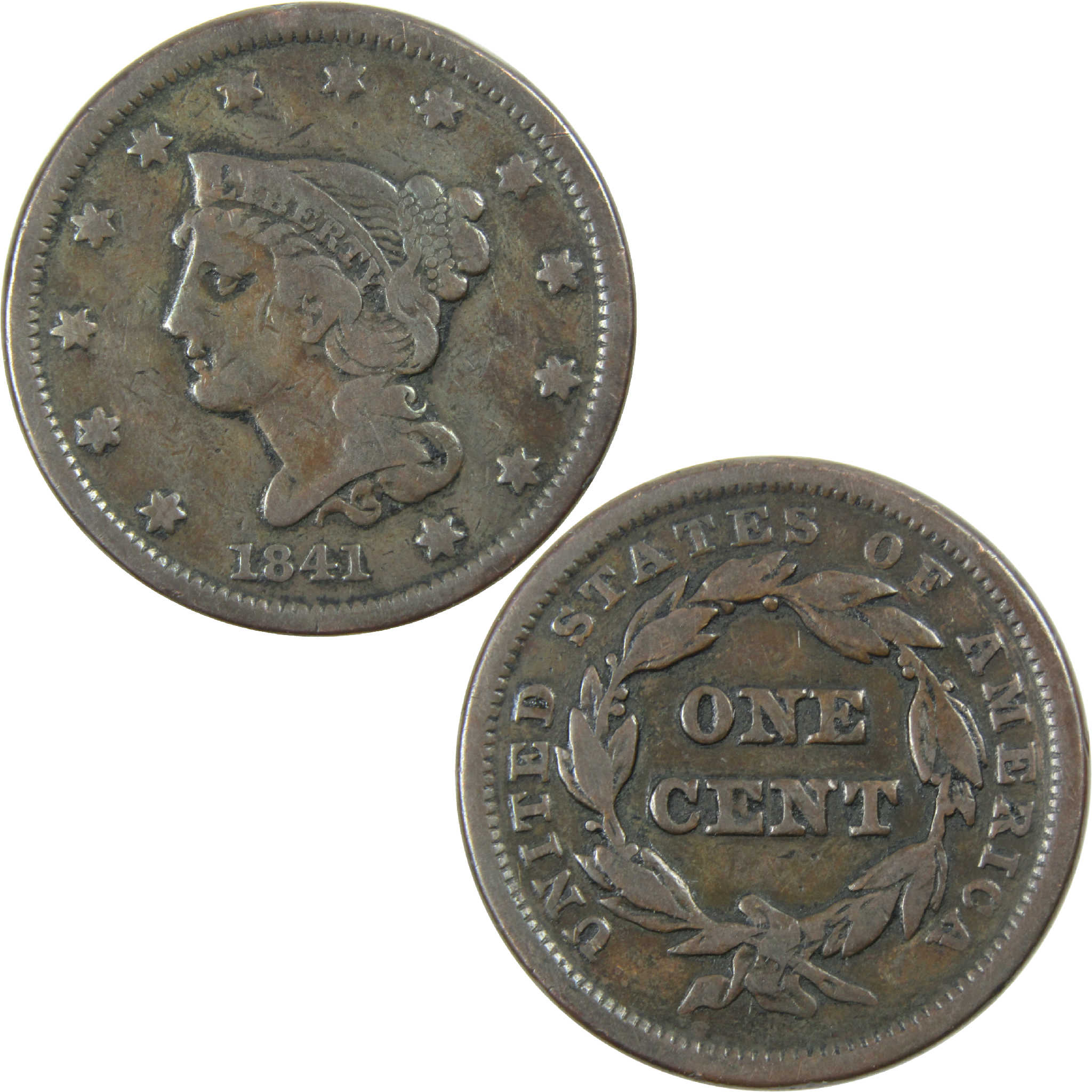 1841 Braided Hair Large Cent F Fine Copper Penny 1c Coin SKU:I12161