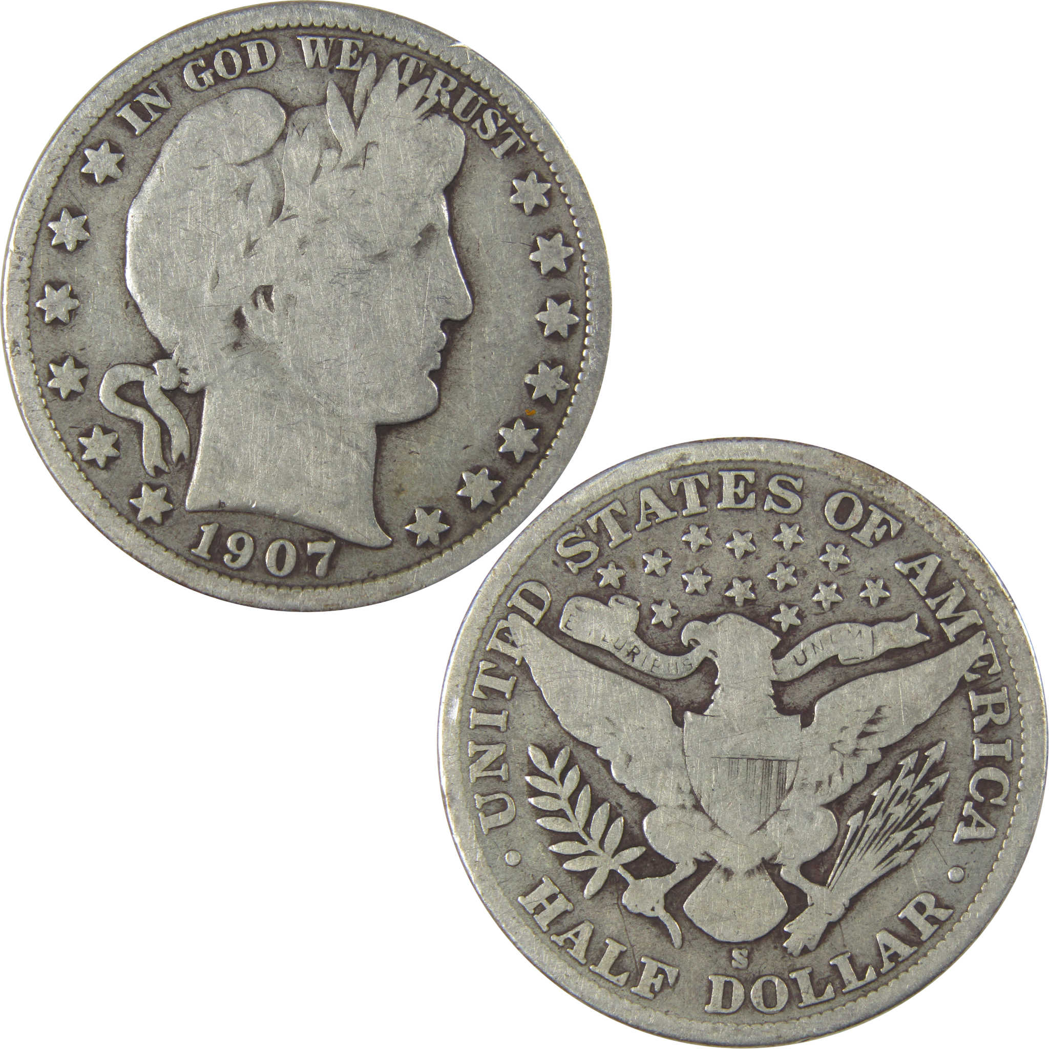 1907 S Barber Half Dollar VG Very Good Silver 50c Coin SKU:I22760