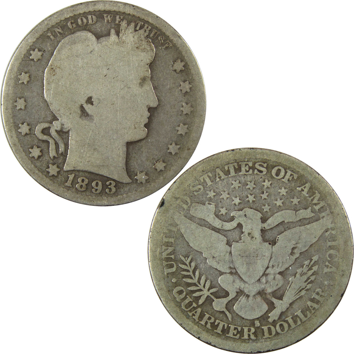1893 S Barber Silver Quarter G Good Details 25c Coin SKU:I28543