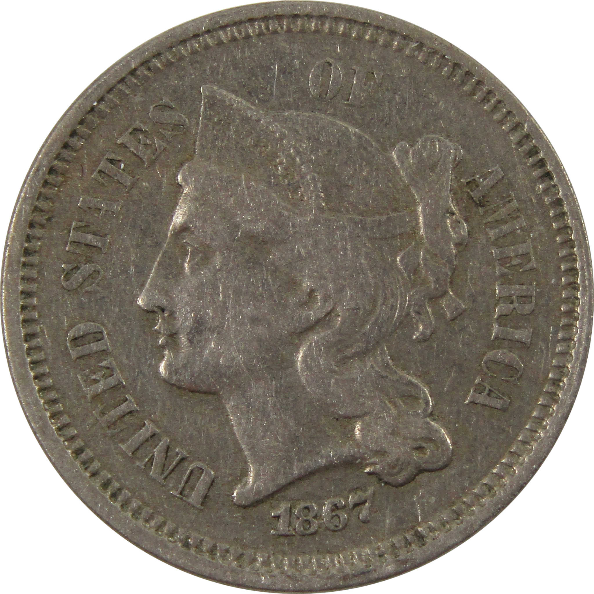1867 Nickel Three Cent Piece VF Very Fine 3c Coin SKU:I10032