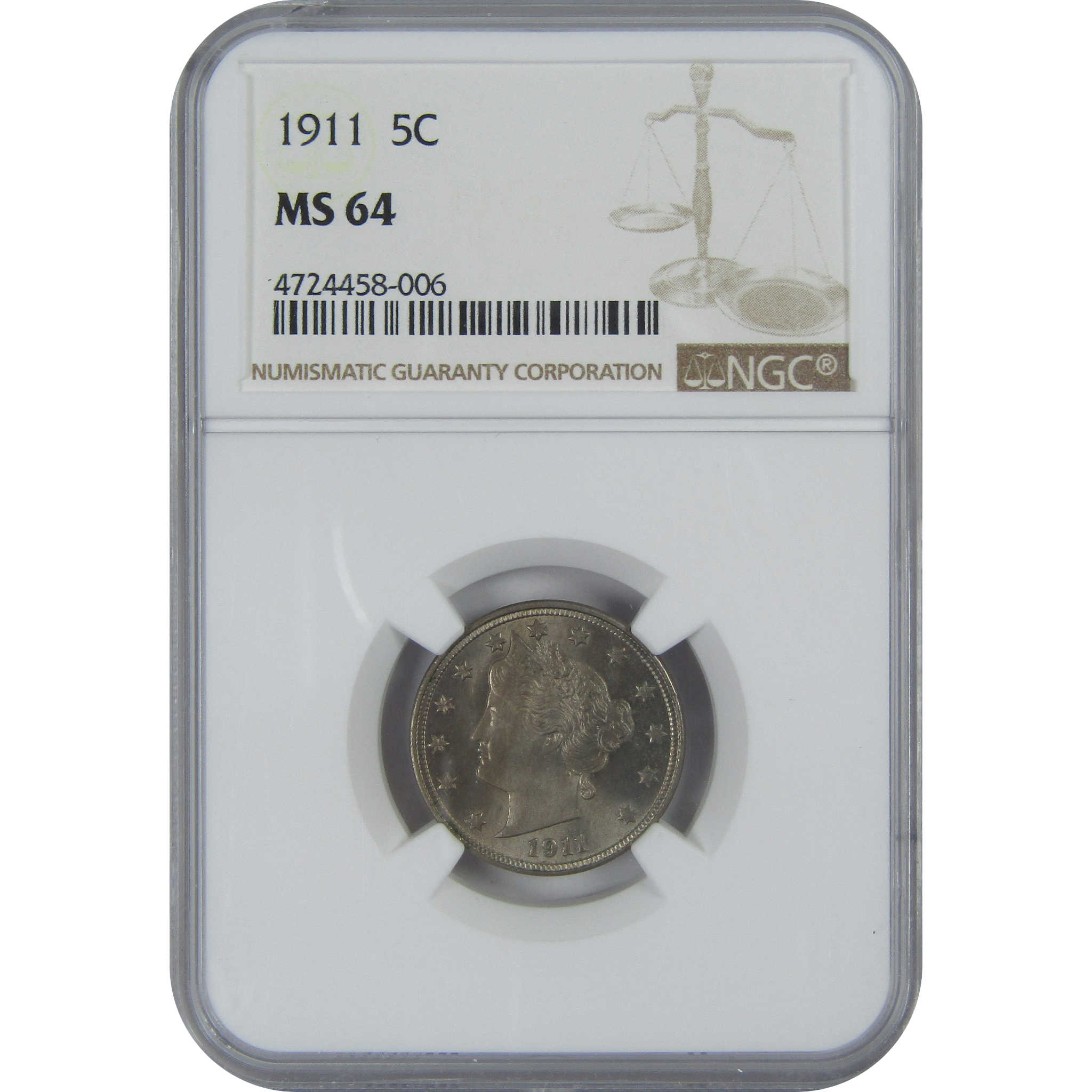 1911 Liberty Head V Nickel MS 64 NGC 5c Uncirculated Coin