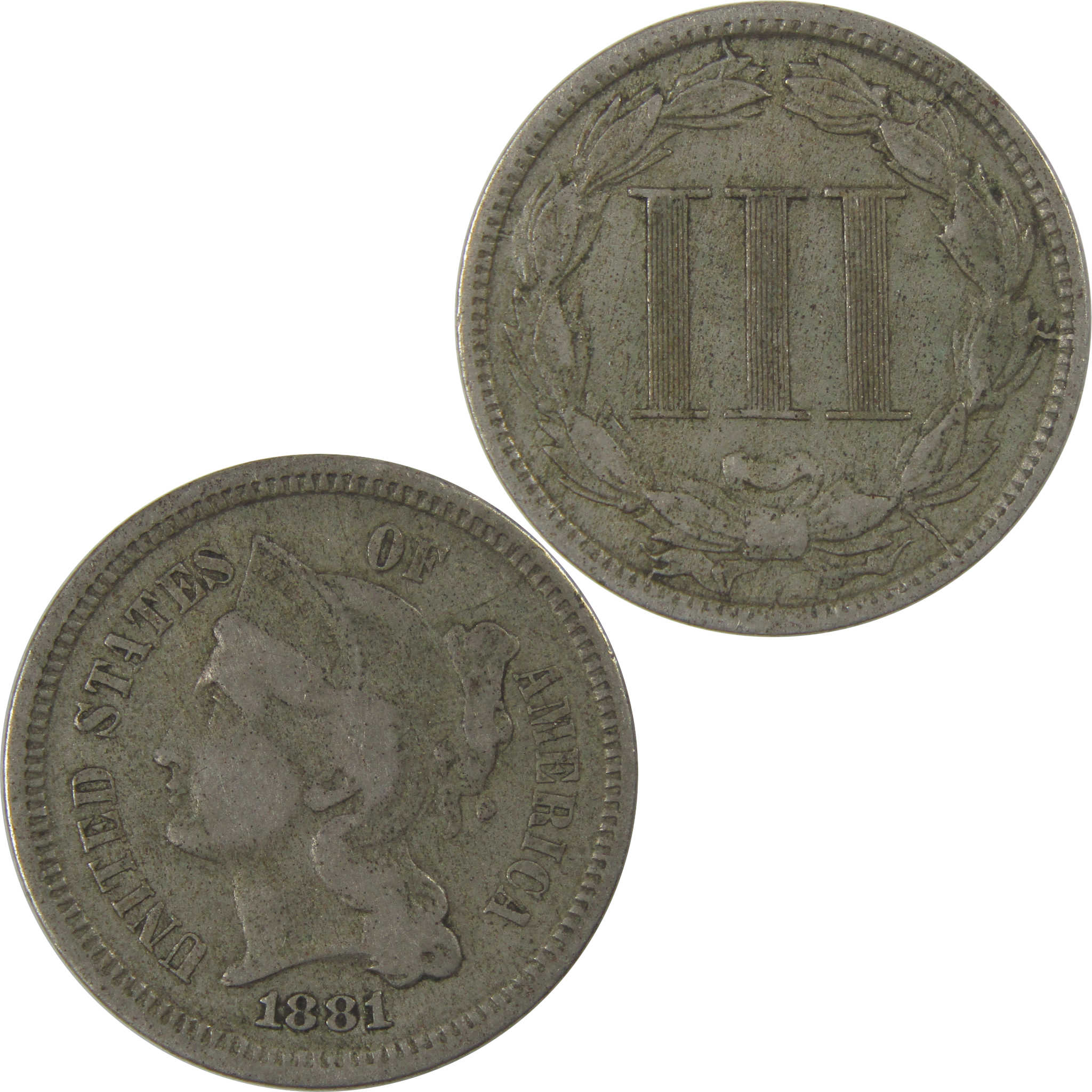 1881 Nickel Three Cent Piece F Fine 3c Coin SKU:I23829