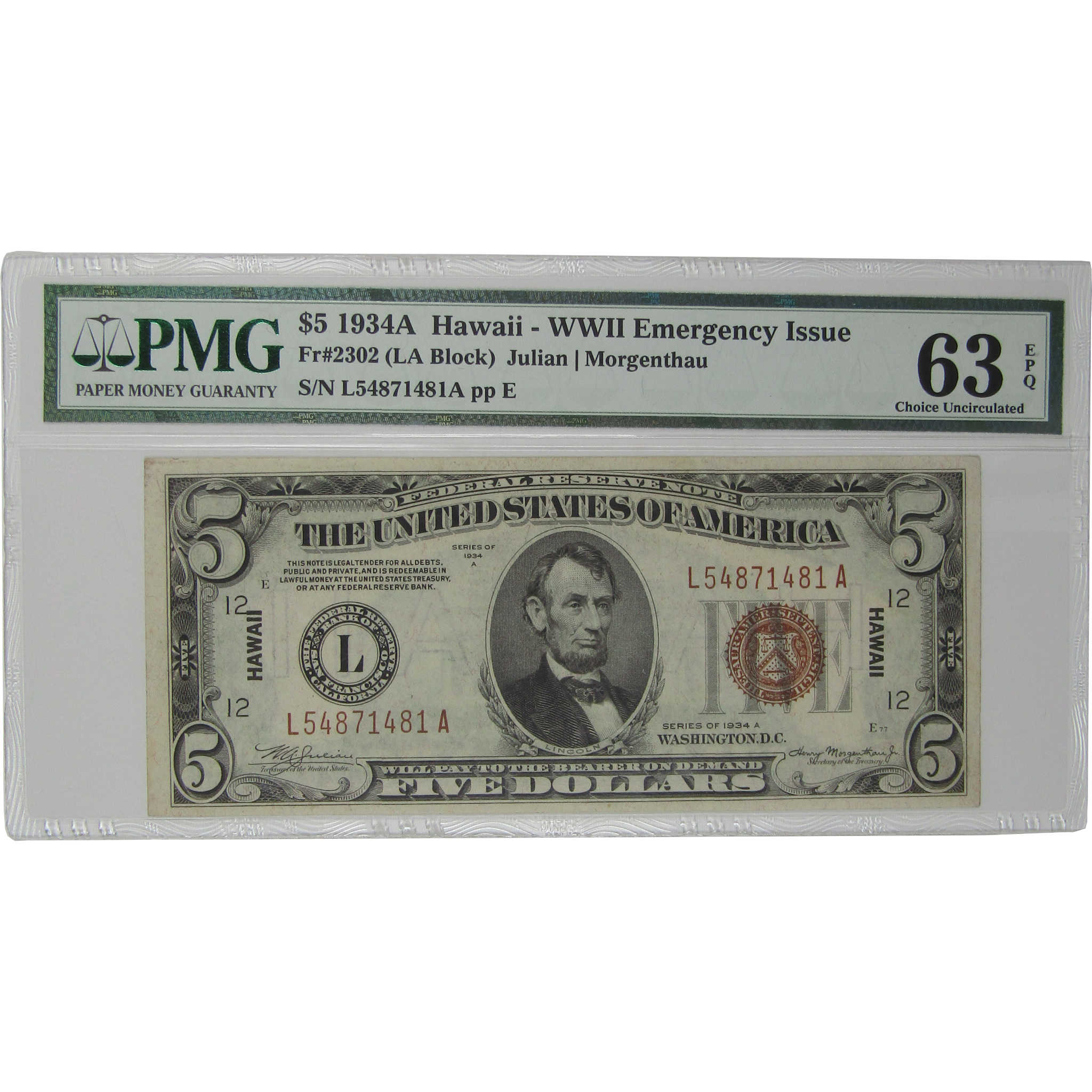 1934 A $5 Federal Reserve Note Hawaii WWII Fr 2302 Unc 63 EPQ PMG