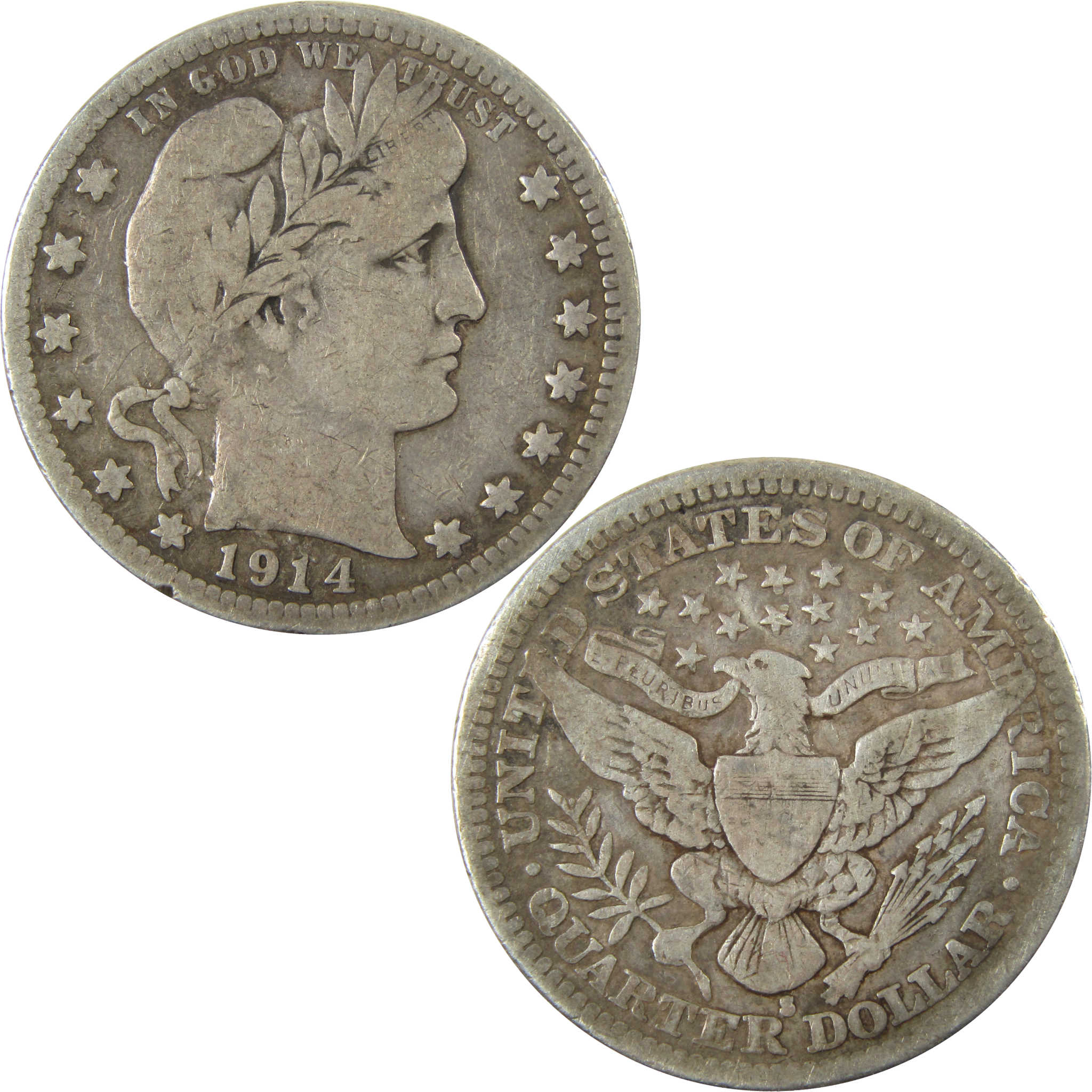 1914 S Barber Silver Quarter F Fine 25c Coin SKU:I28489