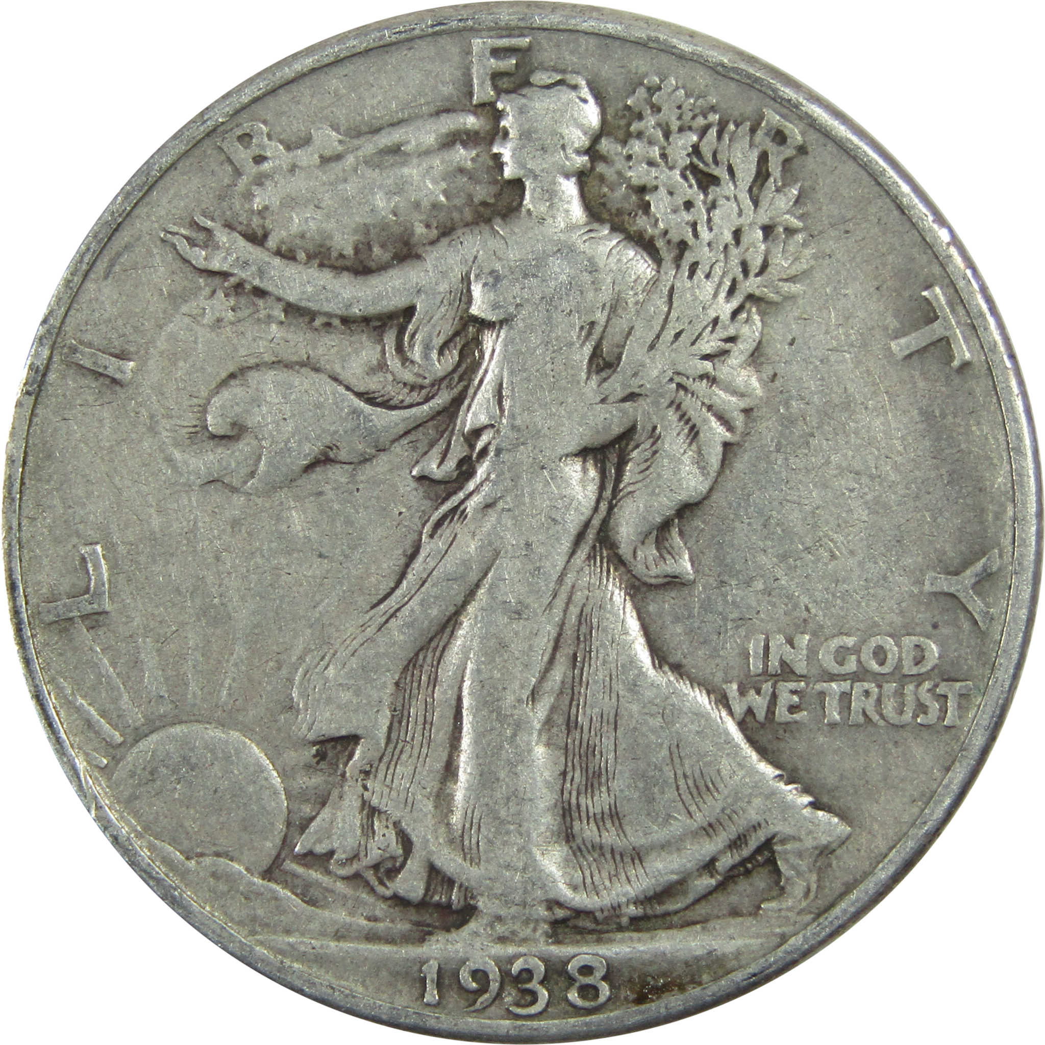 1938 D Liberty Walking Half Dollar F Fine Silver 50c Coin SKU:I13450