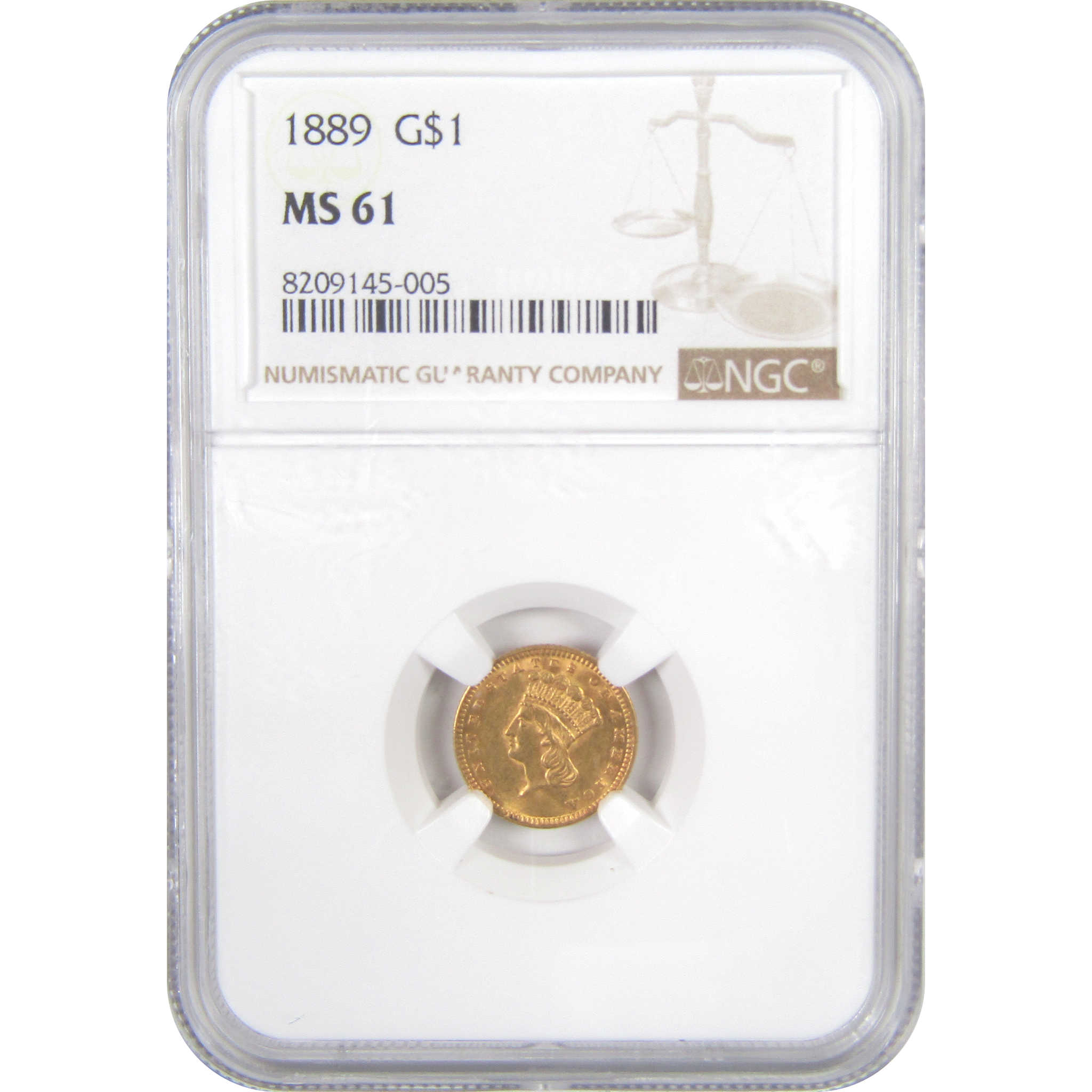 1889 Indian Princess Head Dollar MS 61 NGC Gold $1 Coin SKU:I17354