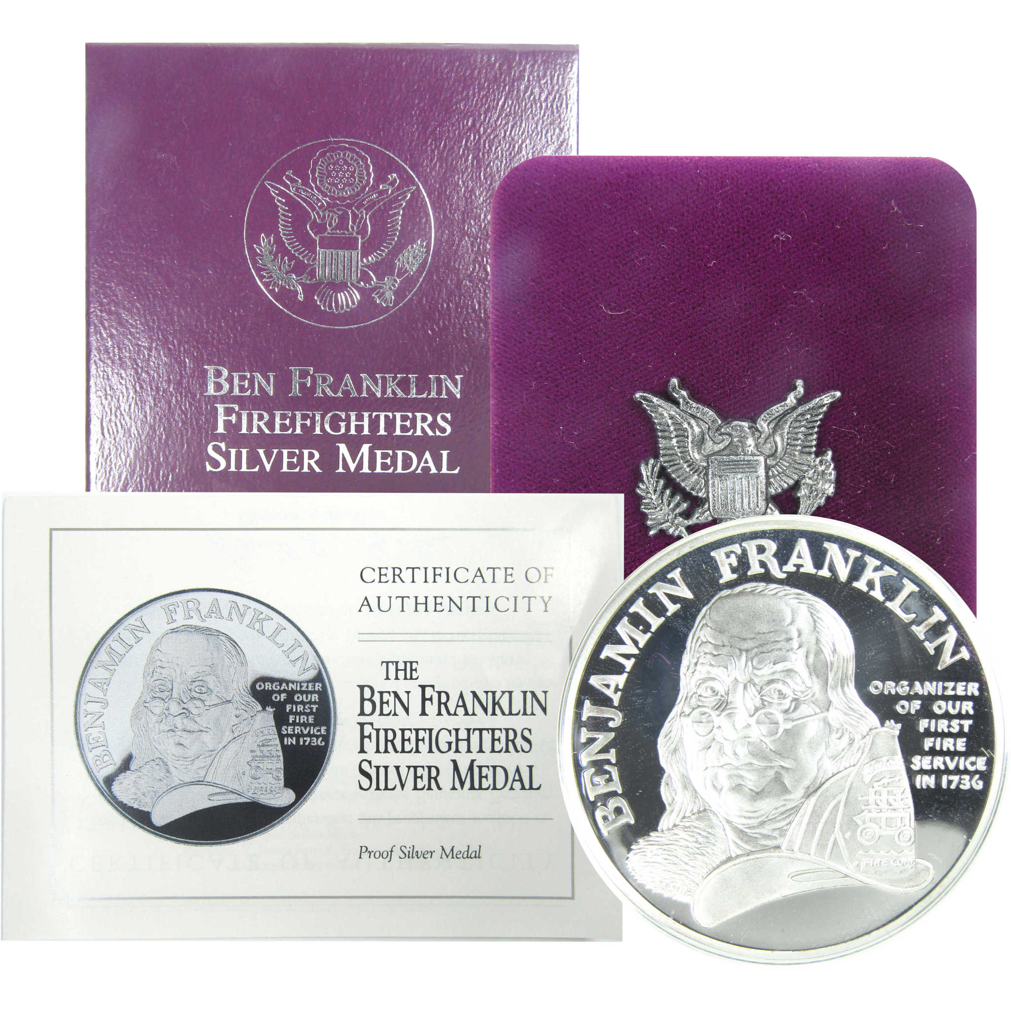 1992 P Ben Franklin Firefighters 1 oz Silver Proof Medal SKU:CPC9323