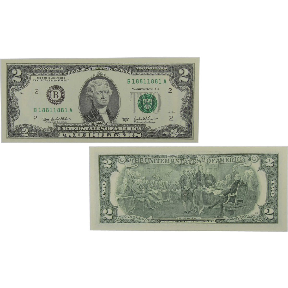 2003 A $2 Federal Reserve Binary Radar Repeater Note Uncirculated