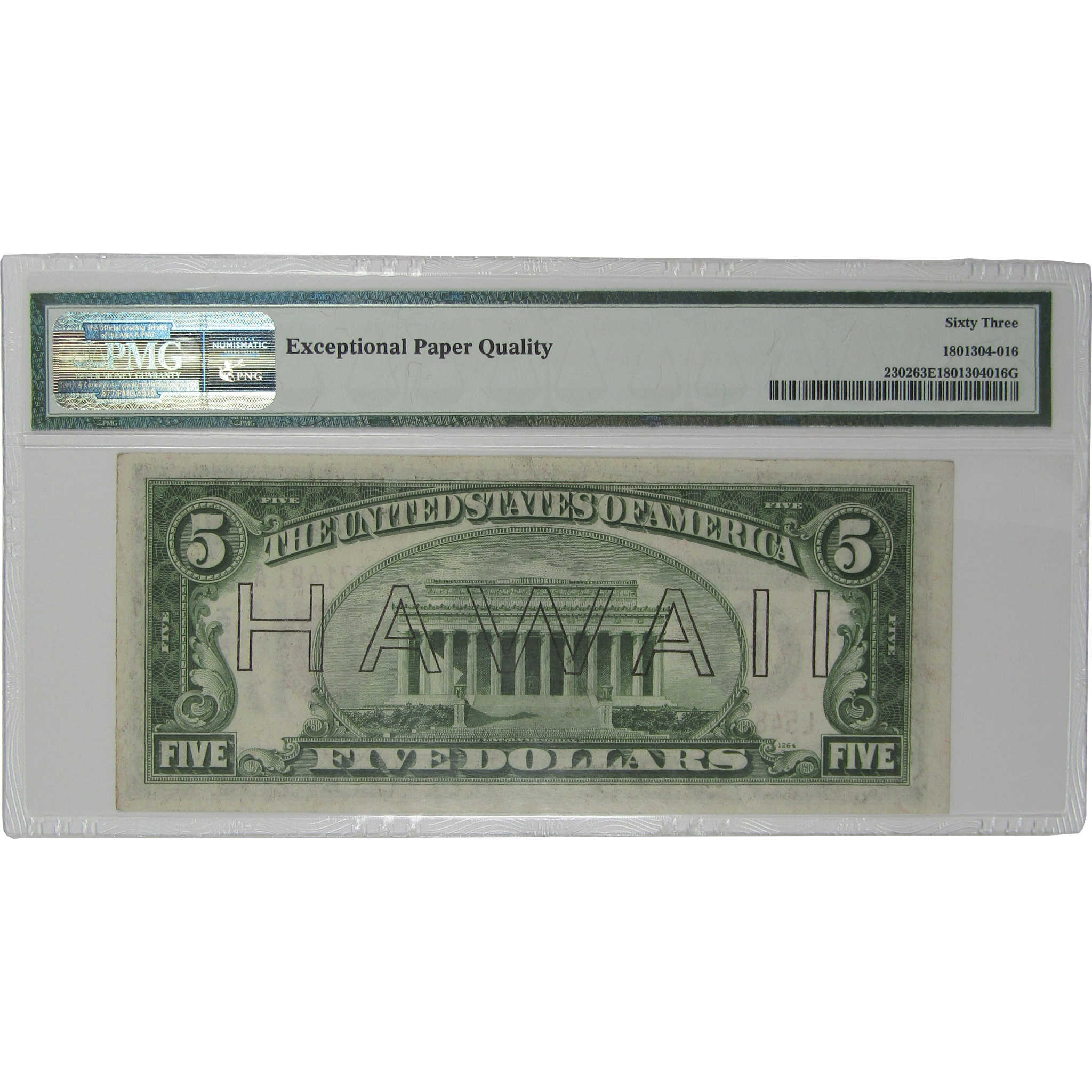 1934 A $5 Federal Reserve Note Hawaii WWII Fr 2302 Unc 63 EPQ PMG