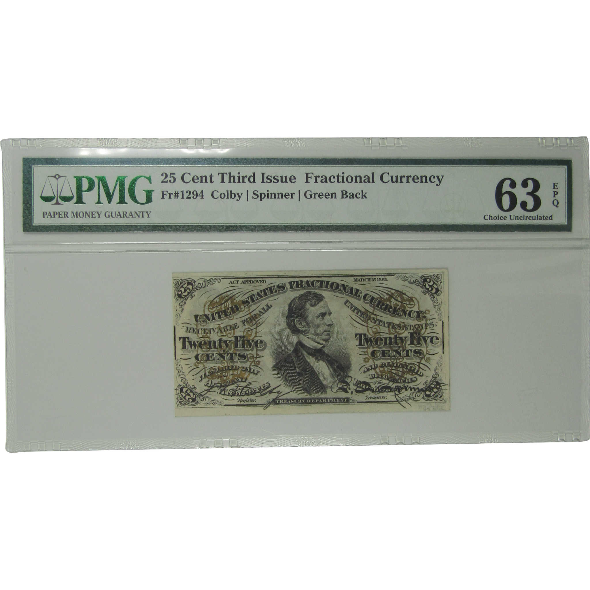 25c Fractional Note Third Issue Fr 1294 Choice Uncirculated 63 EPQ PMG