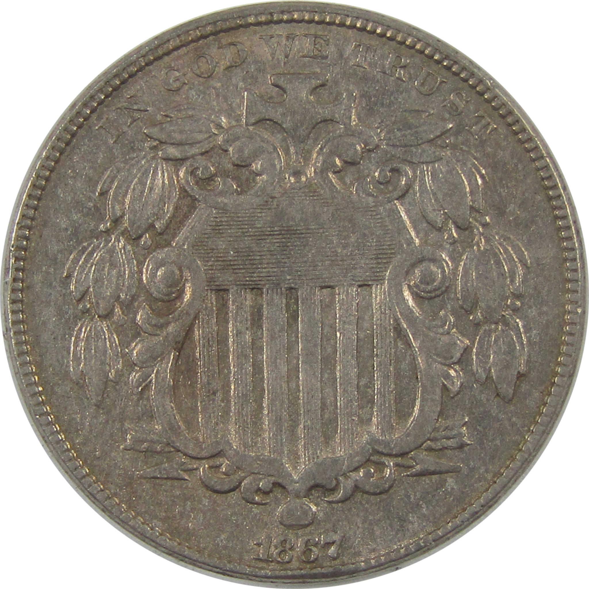 1867 No Rays Shield Nickel AU About Uncirculated 5c Coin SKU:I24560