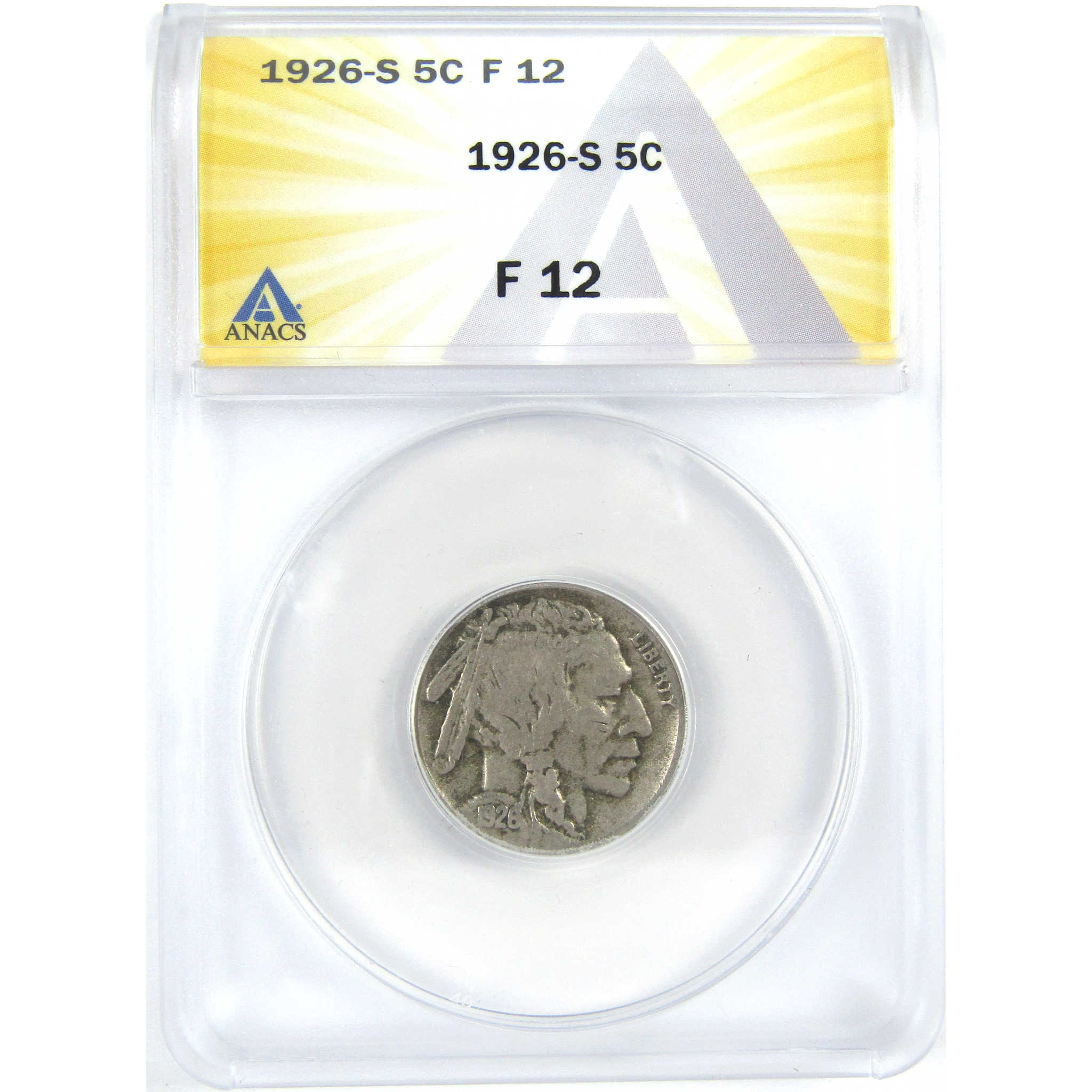 1926 S Indian Head Buffalo Nickel F 12 ANACS 5c Coin SKU:I16290