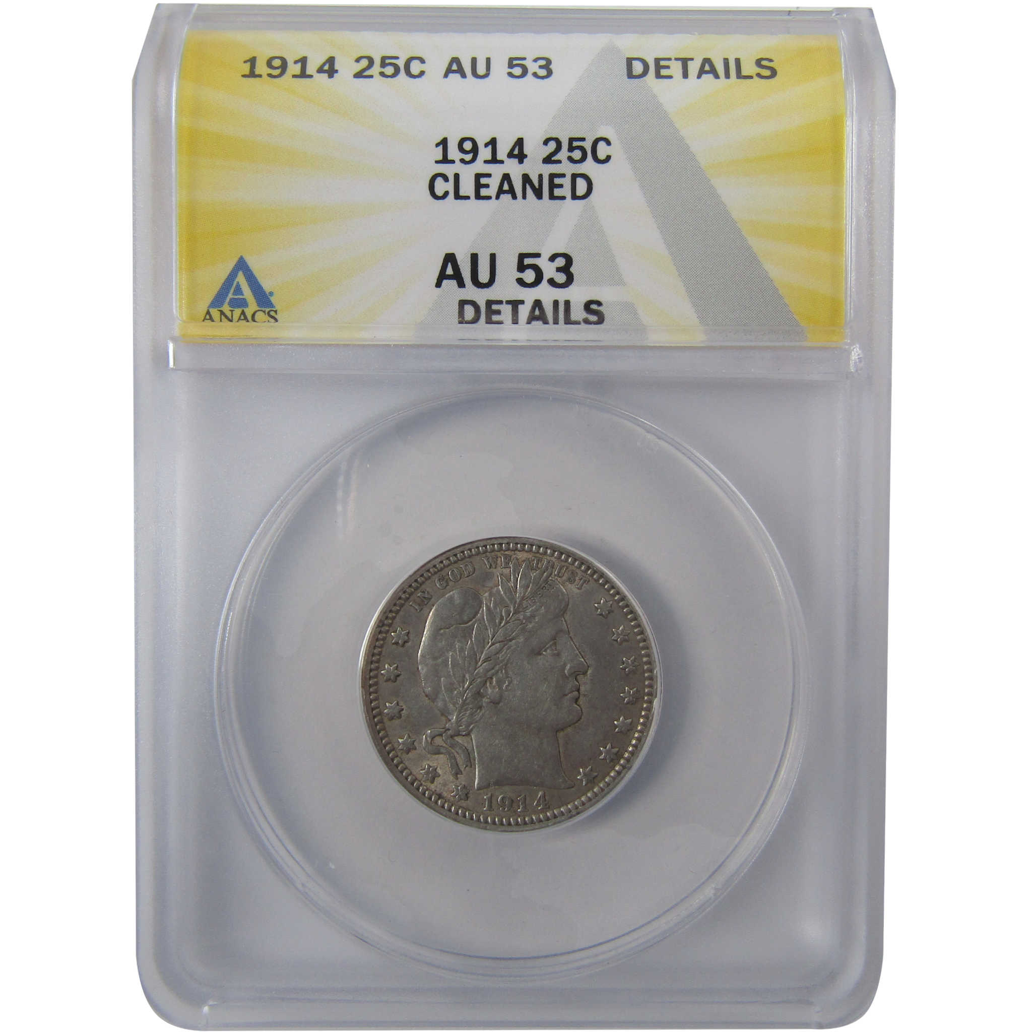 1914 Barber Silver Quarter AU 53 Details ANACS 25c Coin SKU:I24429