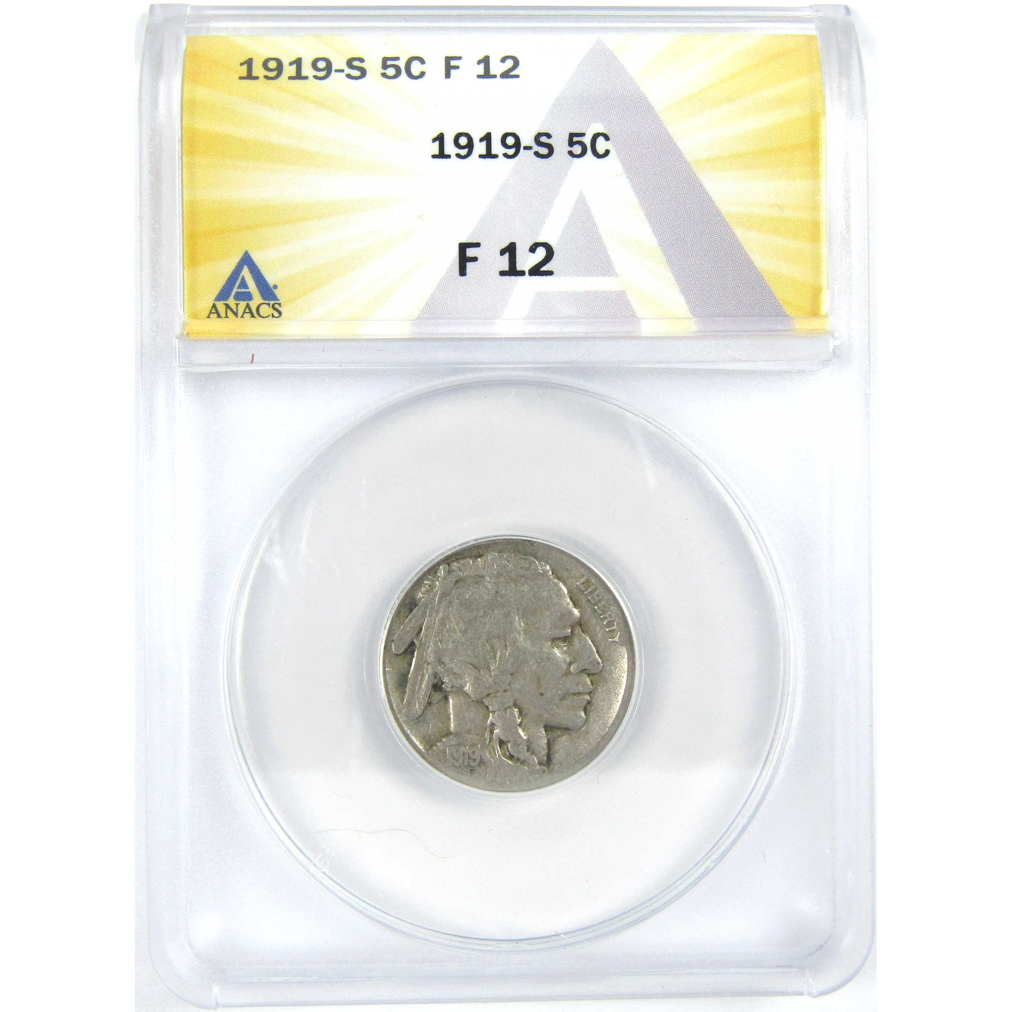 1919 S Indian Head Buffalo Nickel F 12 ANACS 5c Coin SKU:I16286