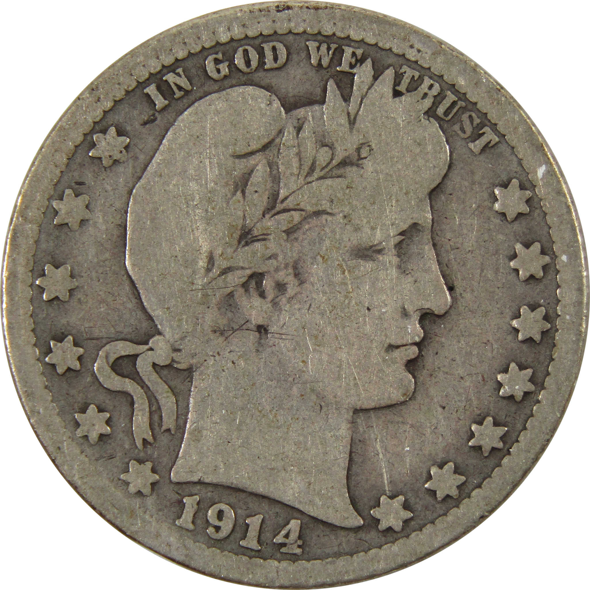 1914 Barber Quarter VG Very Good 90% Silver 25c Coin SKU:I9927
