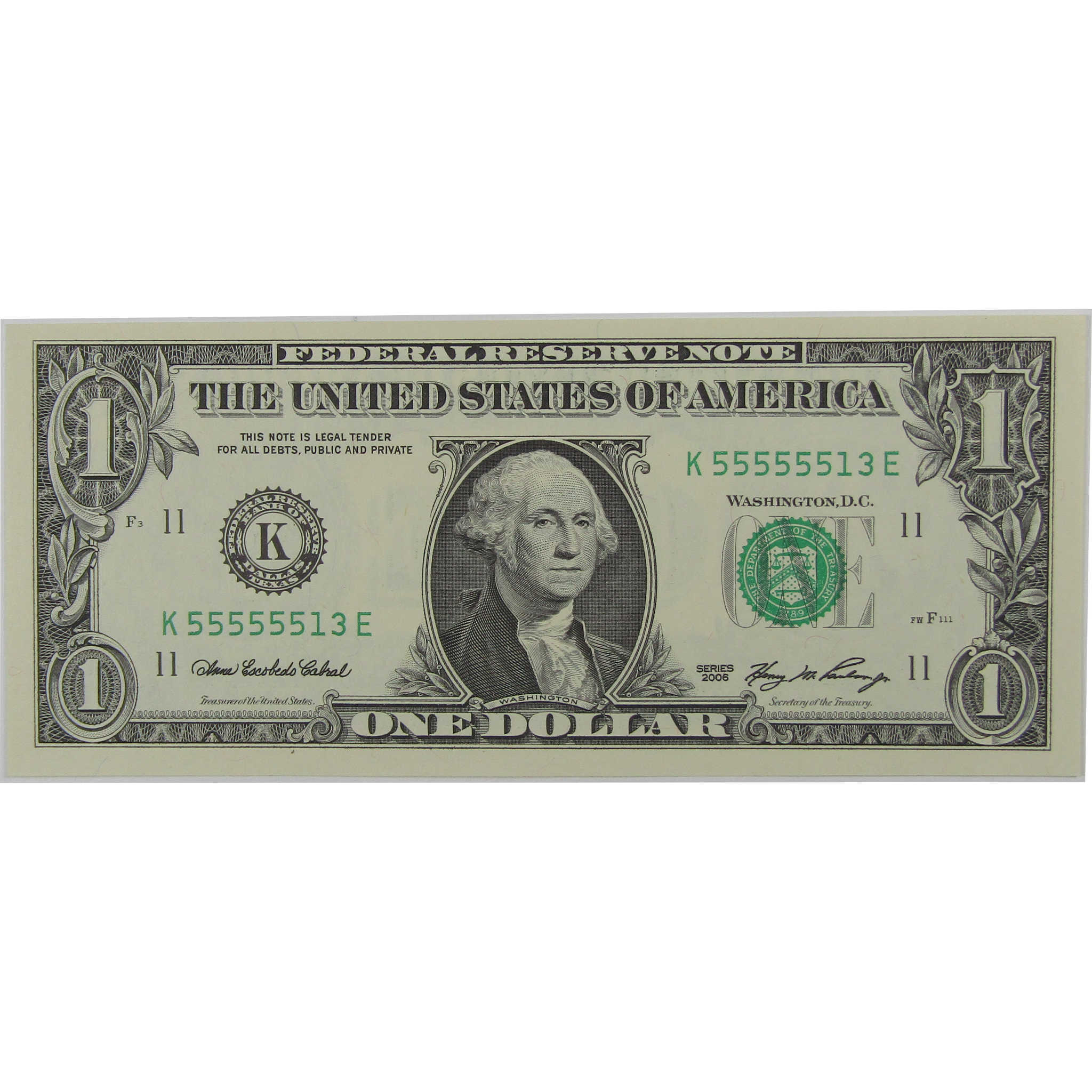 2006 $1 Federal Reserve Note Uncirculated Serial Block Starts Six 5's