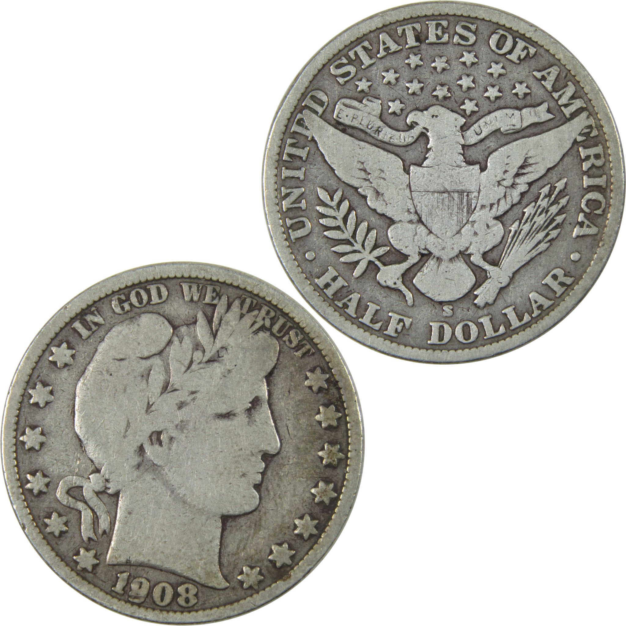 1908 S Barber Half Dollar VG Very Good Silver 50c Coin SKU:I14719