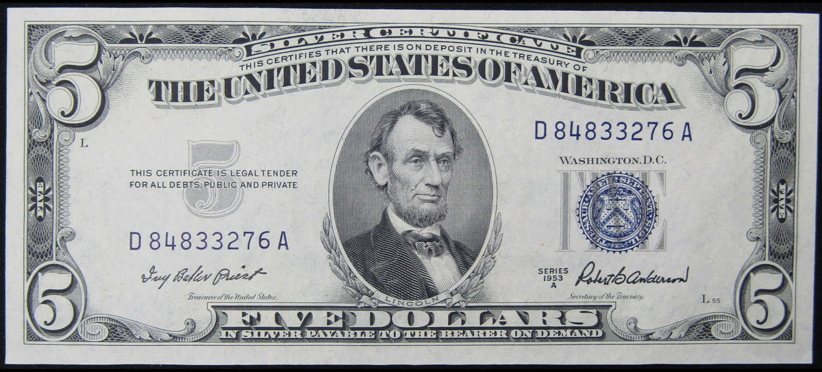 1953 A $5 Small Size Silver Certificate Note CCU Crisp Uncirculated