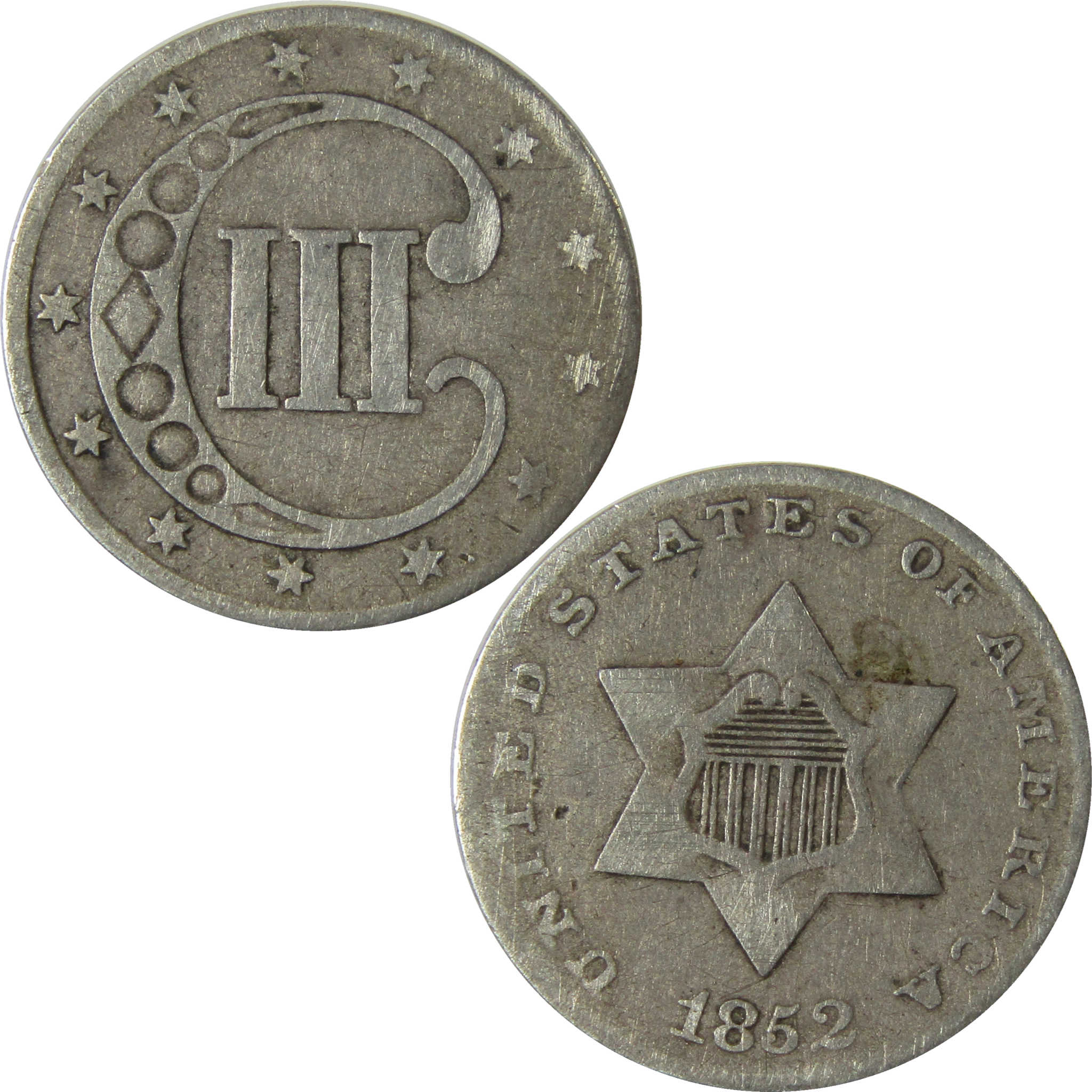 1852 Silver Three Cent Piece F Fine Details Trime 3c Coin SKU:I28240