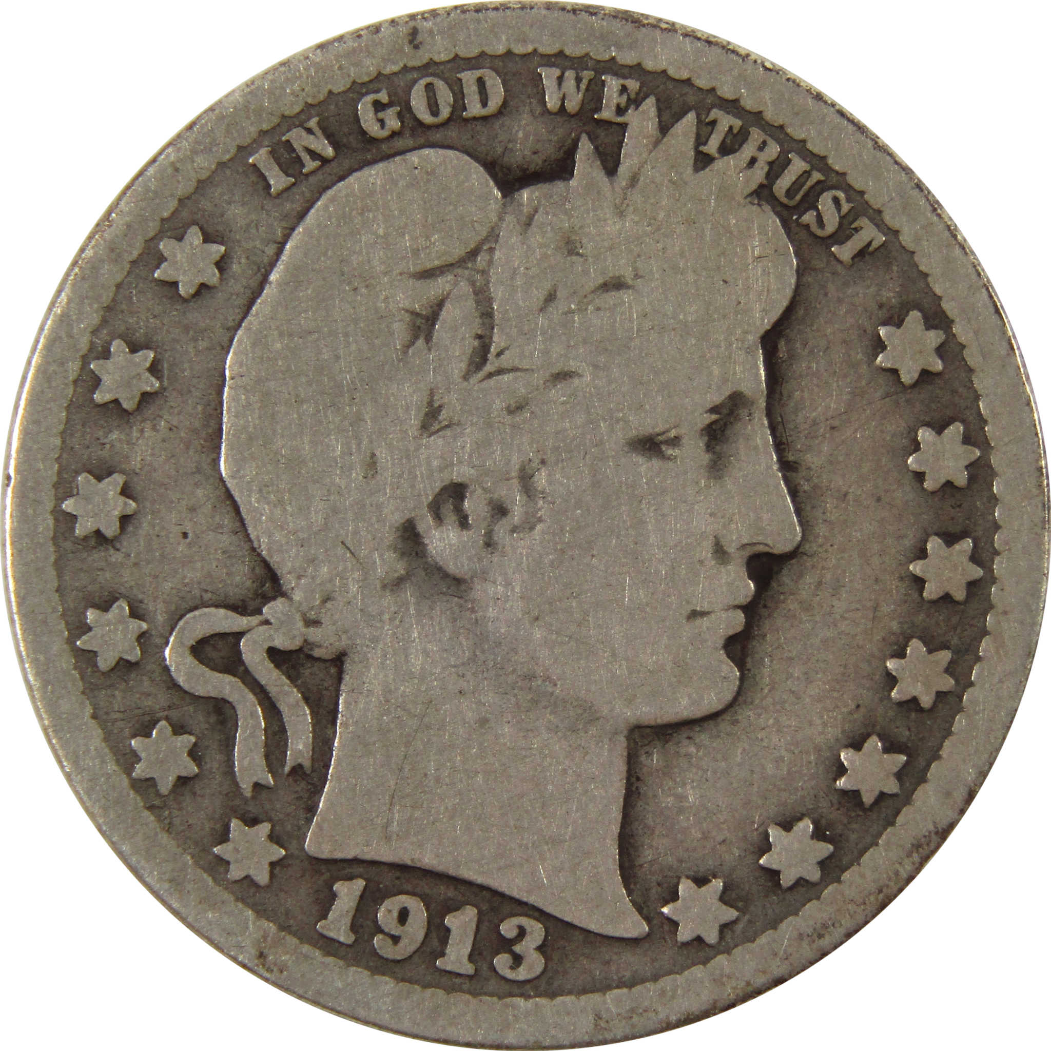 1913 Barber Quarter G Good 90% Silver 25c Coin SKU:I9969