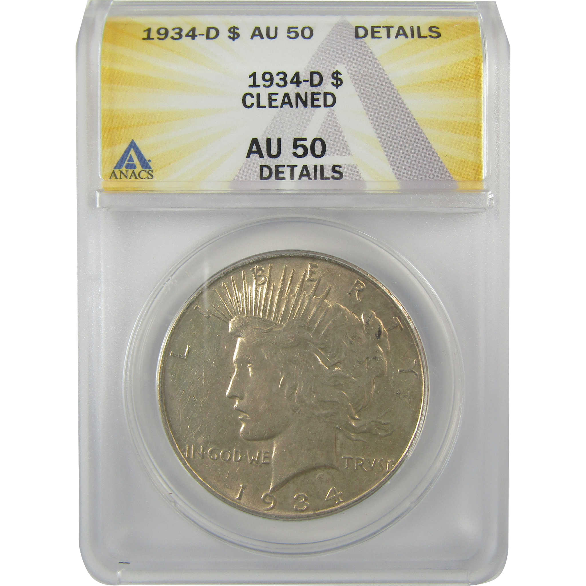 1934 D Peace Dollar AU 50 Details ANACS Silver $1 Coin SKU:I21574