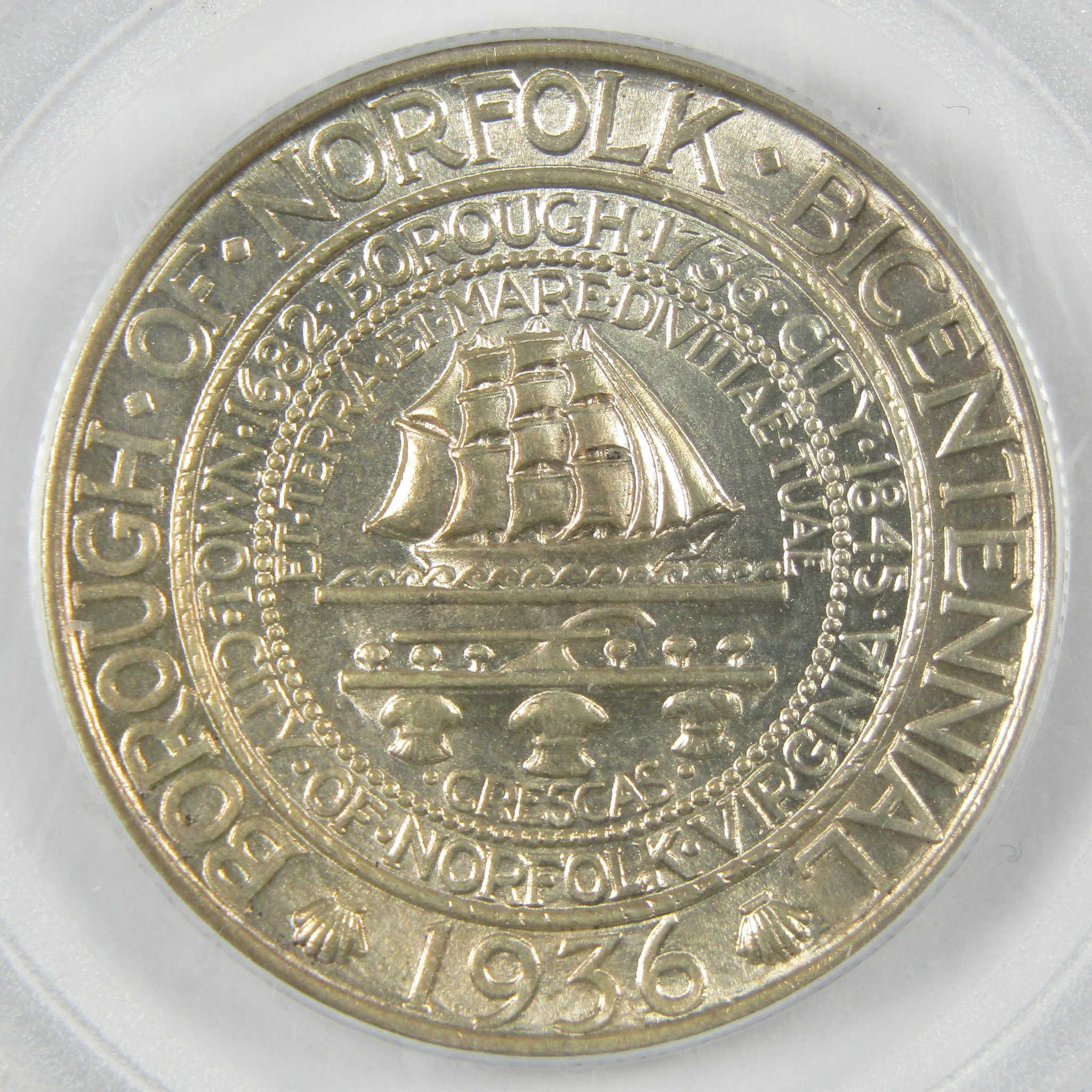 1936 Norfolk Virginia Commemorative Silver Half Dollar MS 64 PCGS