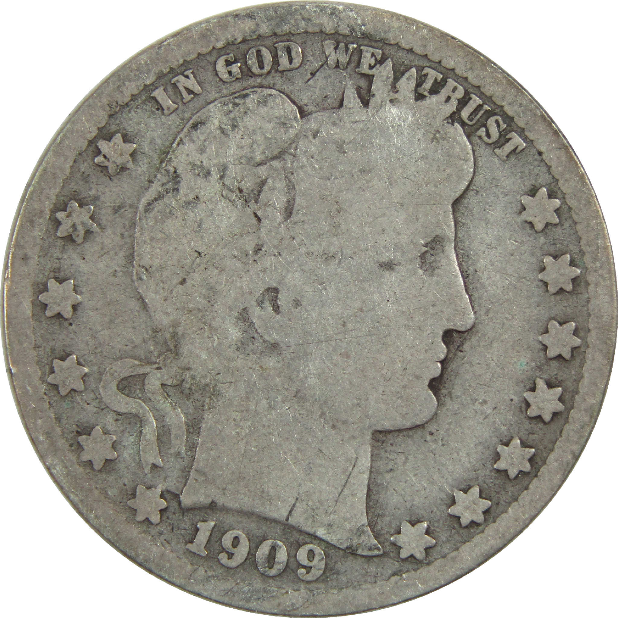 1909 D Barber Quarter G Good Silver 25c Coin SKU:I13193