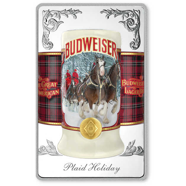 Budweiser Plaid Holiday Stein-themed White Brass Collectible Bar