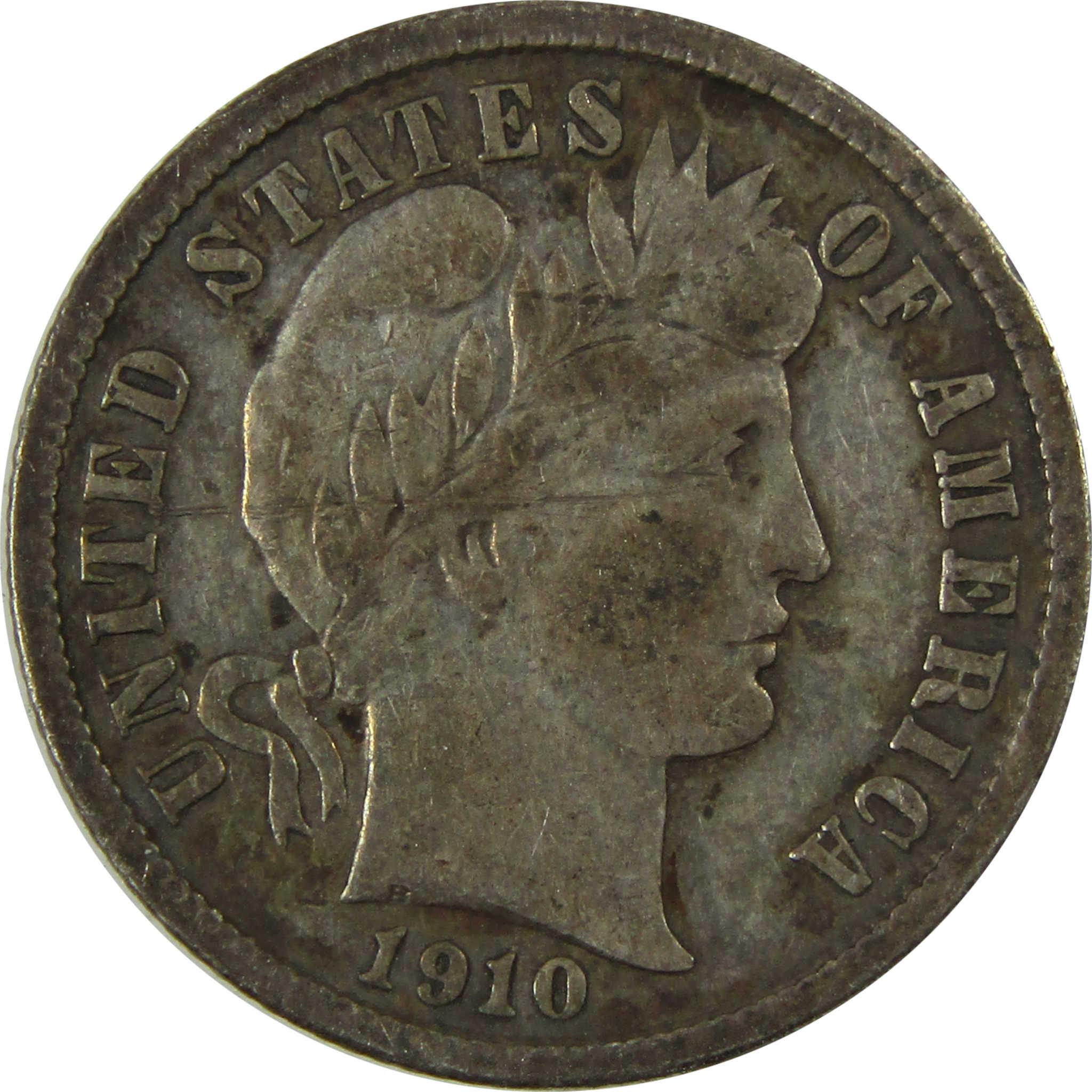 1910 Barber Silver Dime F Fine Details 10c Coin Collectible SKU:CP1035