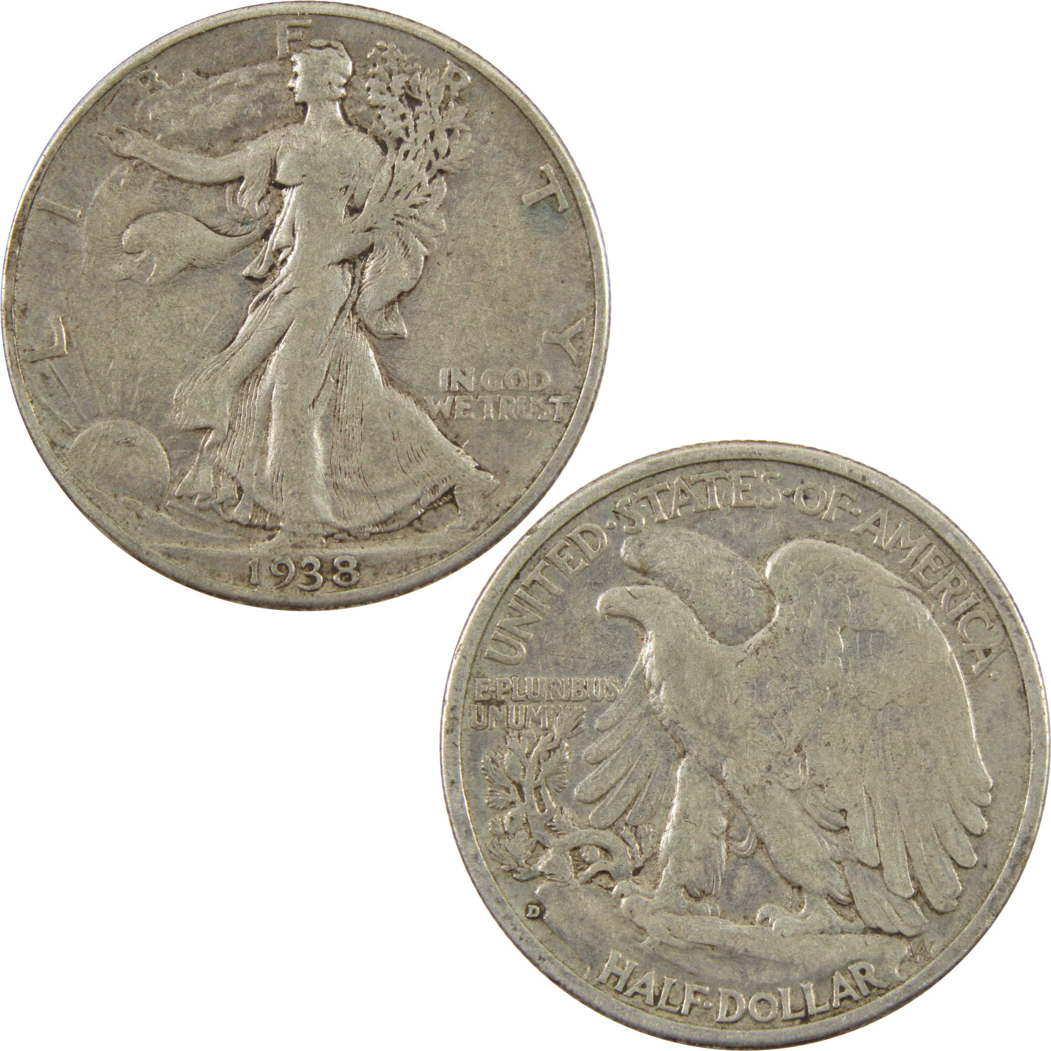 1938 D Liberty Walking Half Dollar VF 90% Silver 50c Coin SKU:I10718