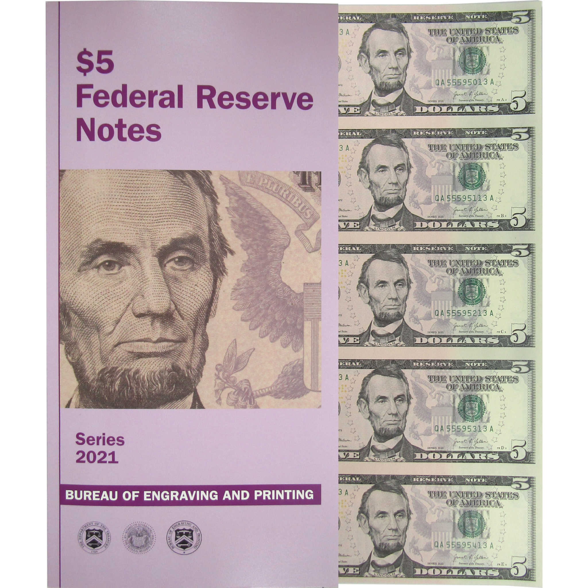 2021 $5 Federal Reserve 5 Note Uncut Sheet CCU OGP COA SKU:OPC197