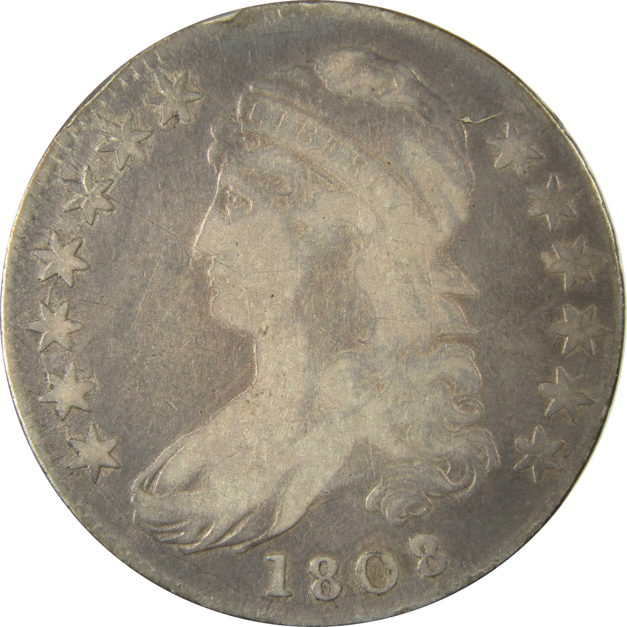 1808/7 Capped Bust Silver 50c VG Very Good Details SKU:CP1501