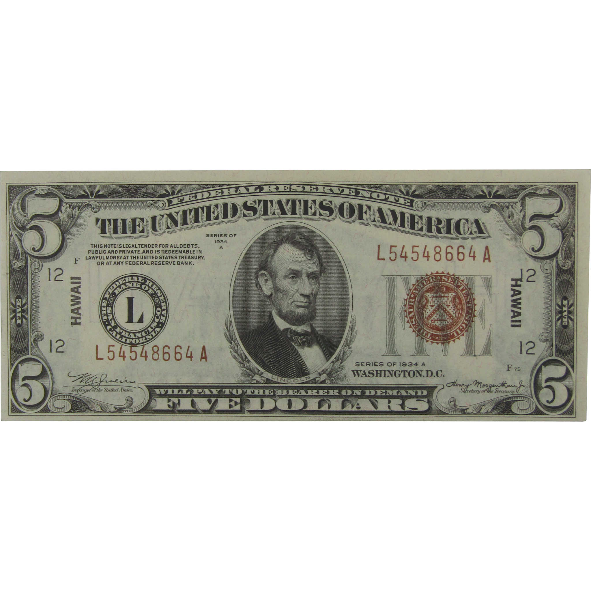 1934 A $5 Federal Reserve Note Hawaii WWII Issue Fr 2302 Uncirculated