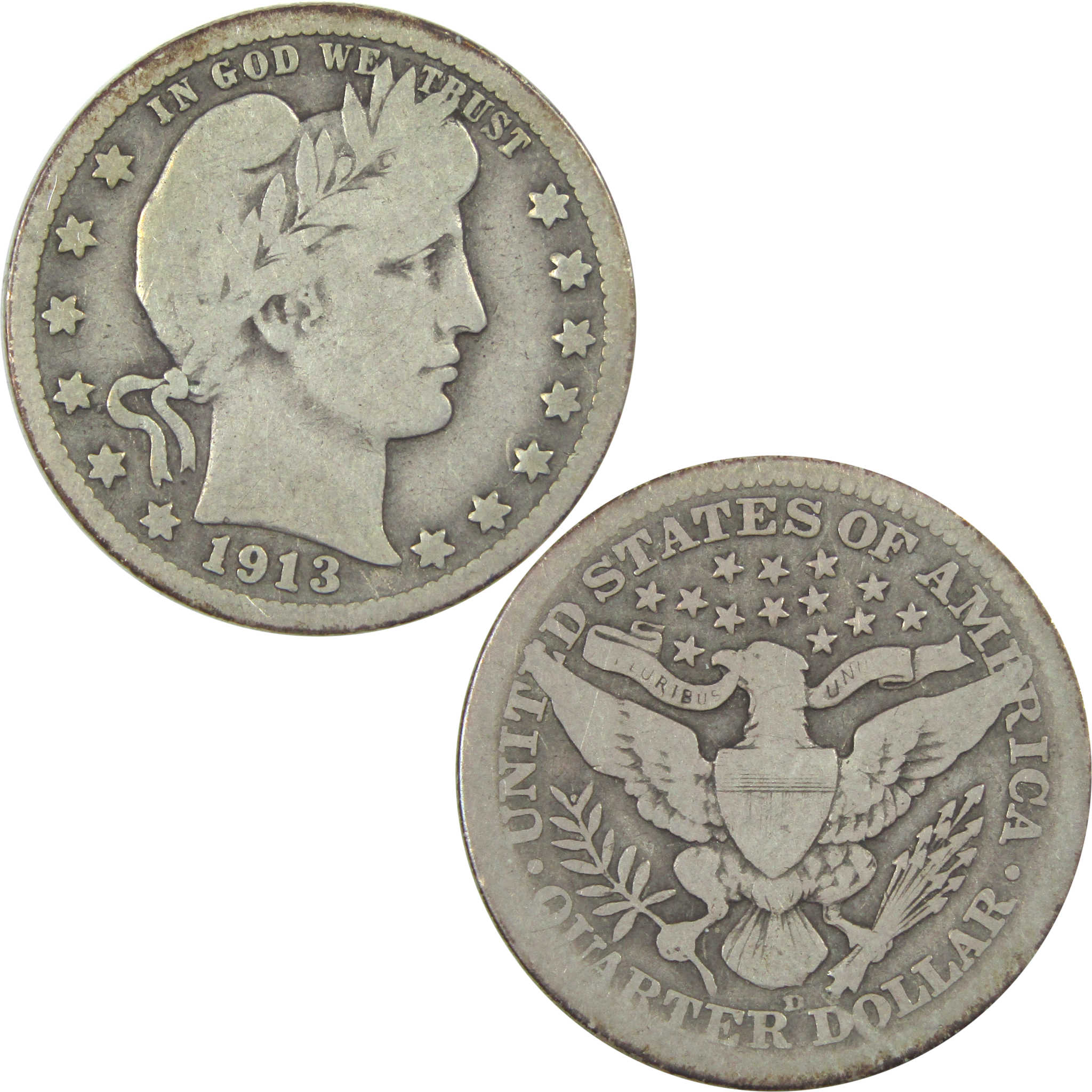 1913 D Barber Quarter G Good Silver 25c Coin SKU:I15339