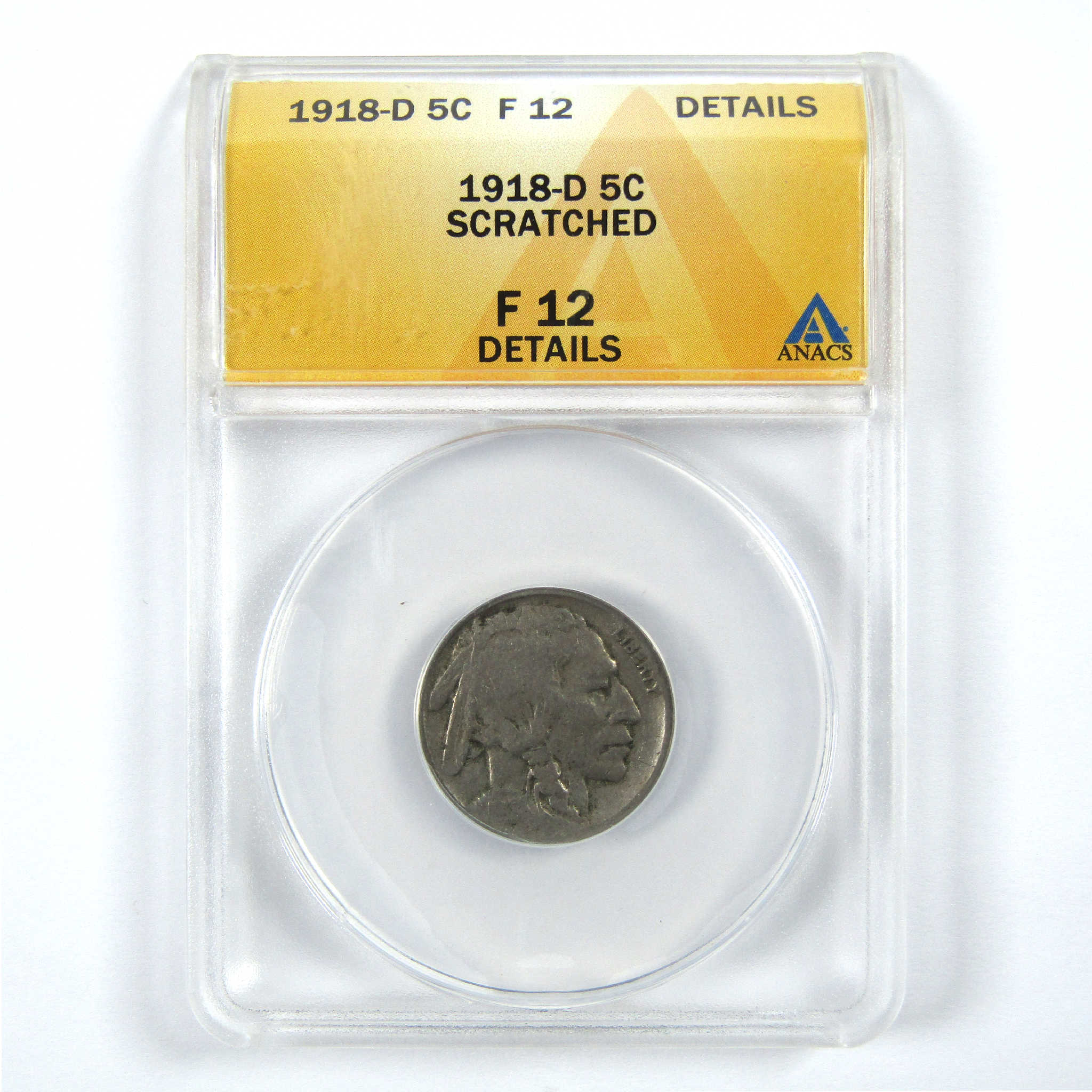 1918 D Indian Head Buffalo Nickel F 12 Details ANACS 5c SKU:I11897