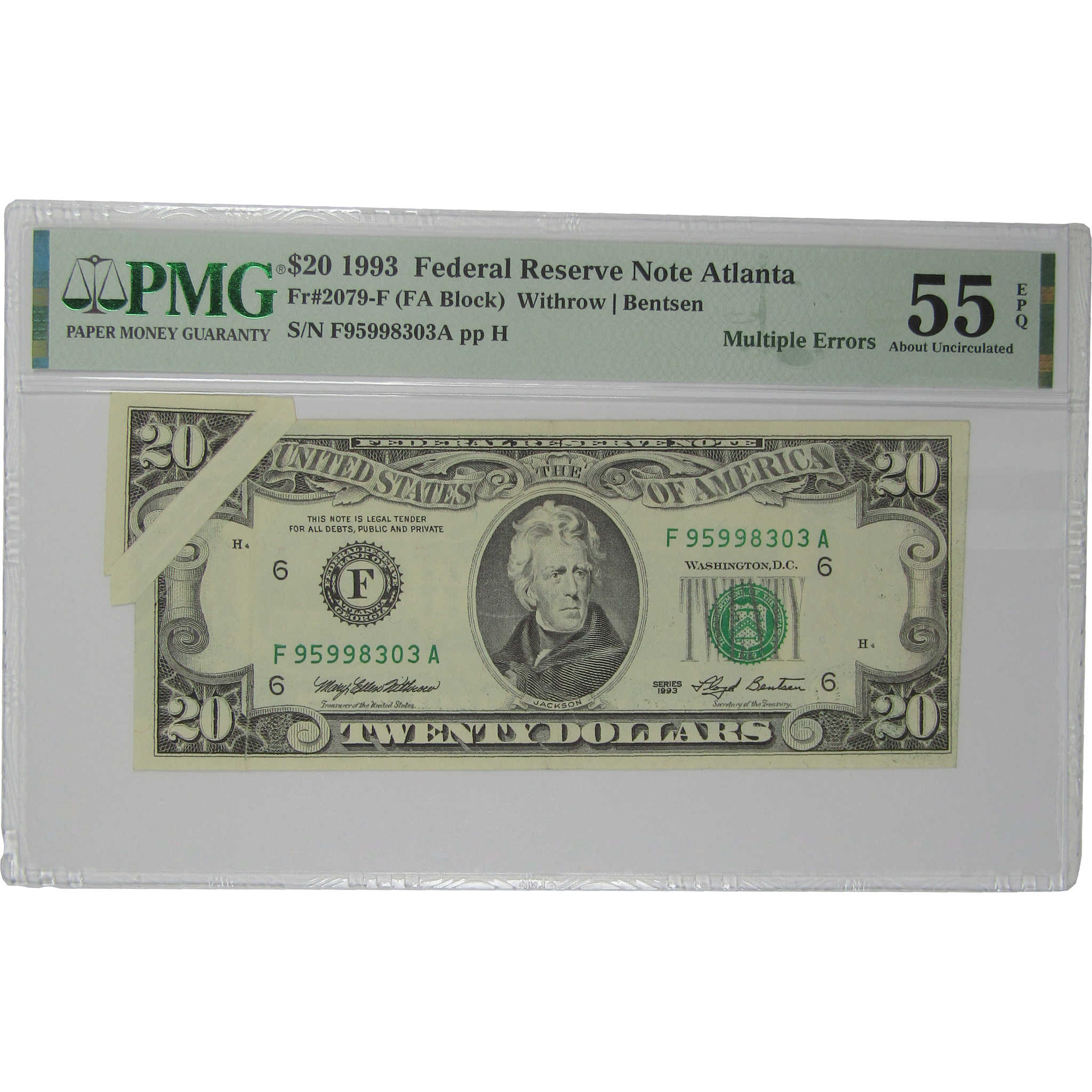 1993 $20 FR Note AU 55 EPQ PMG Butterfly Fold Misalignment Error